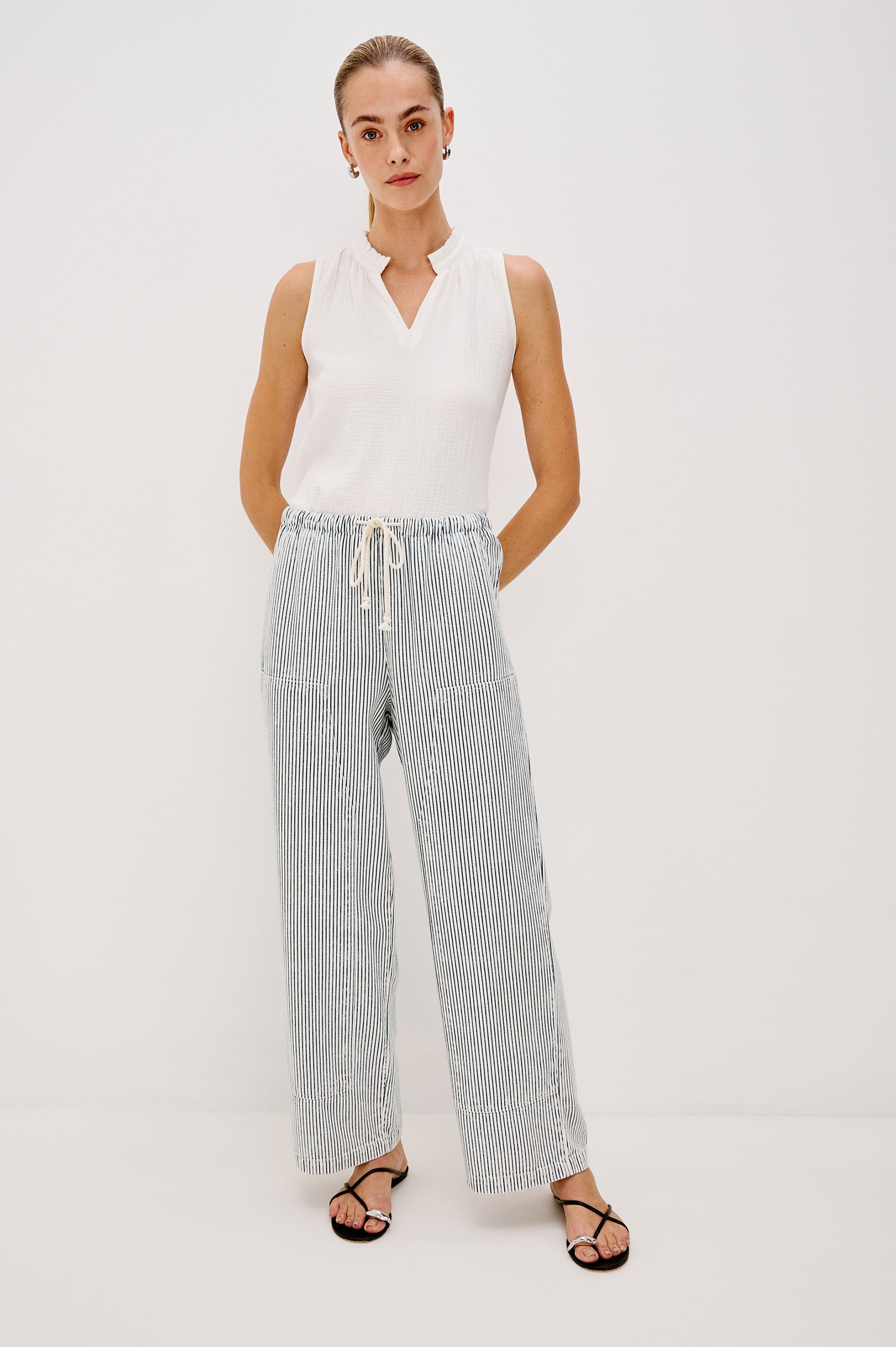 Sanderson Pull on Wide Leg Pant with a Drawstring Waistband and Side Pockets in Indigo Railroad Stripe Colorway. Full Body Front View Shown on Model.