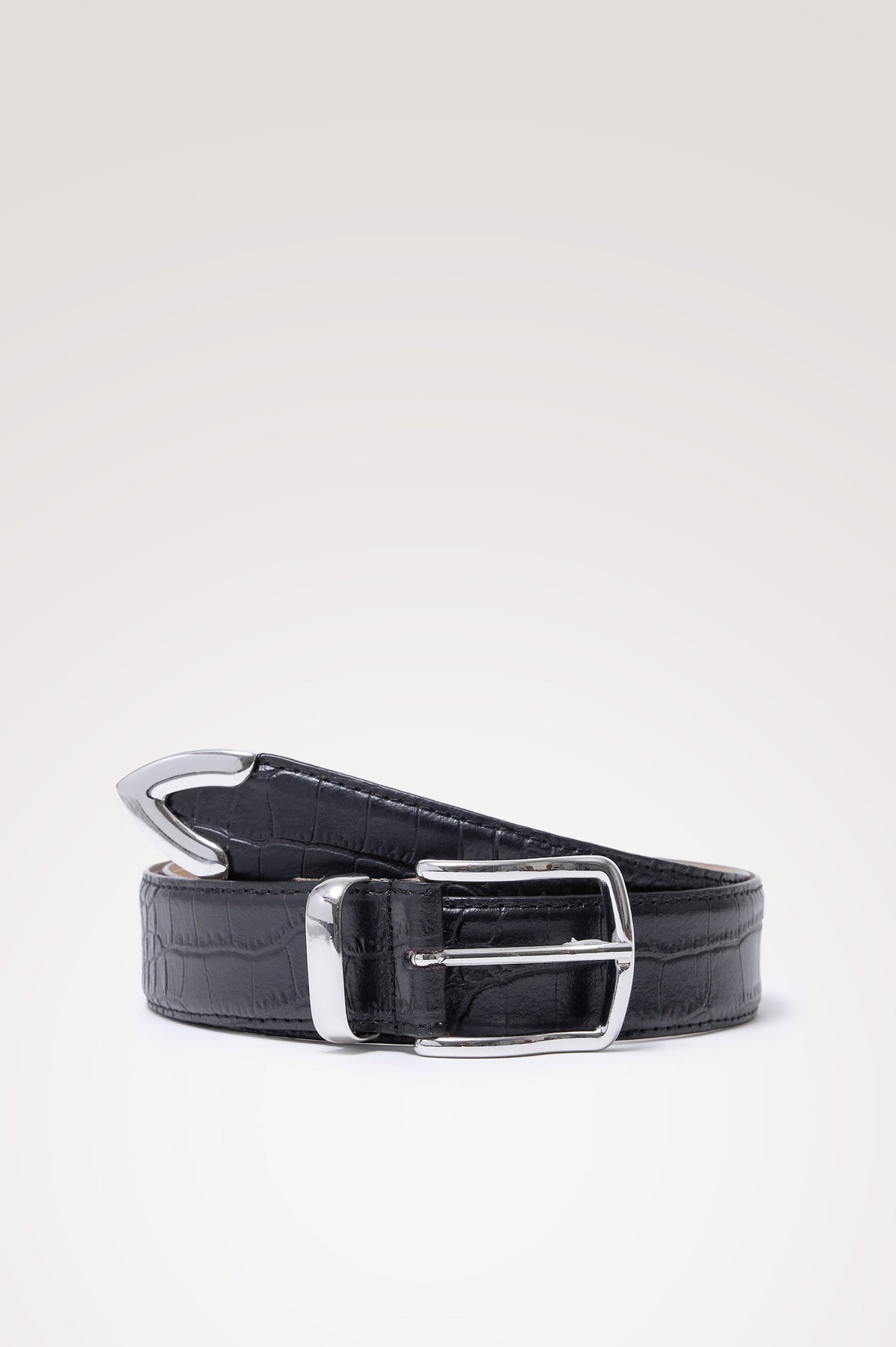 Savona Belt in Croc Embossed Leather With Polished Buckle and Metal Tip in Black Croc Embossed Pewter Colorway - Front Product View Featured