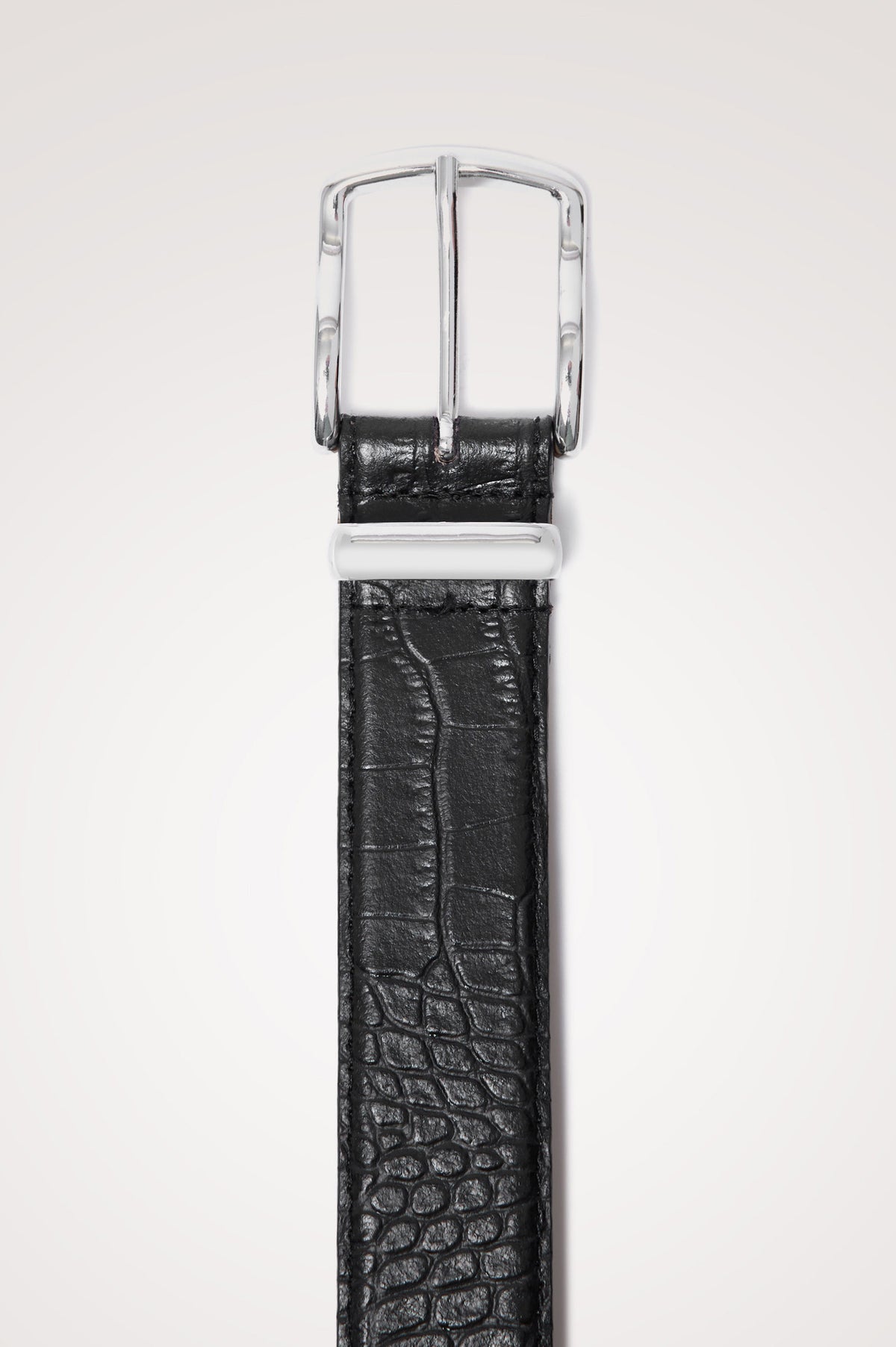 Savona Belt in Croc Embossed Leather With Polished Buckle and Metal Tip in Black Croc Embossed Pewter Colorway - Top Product View Featured