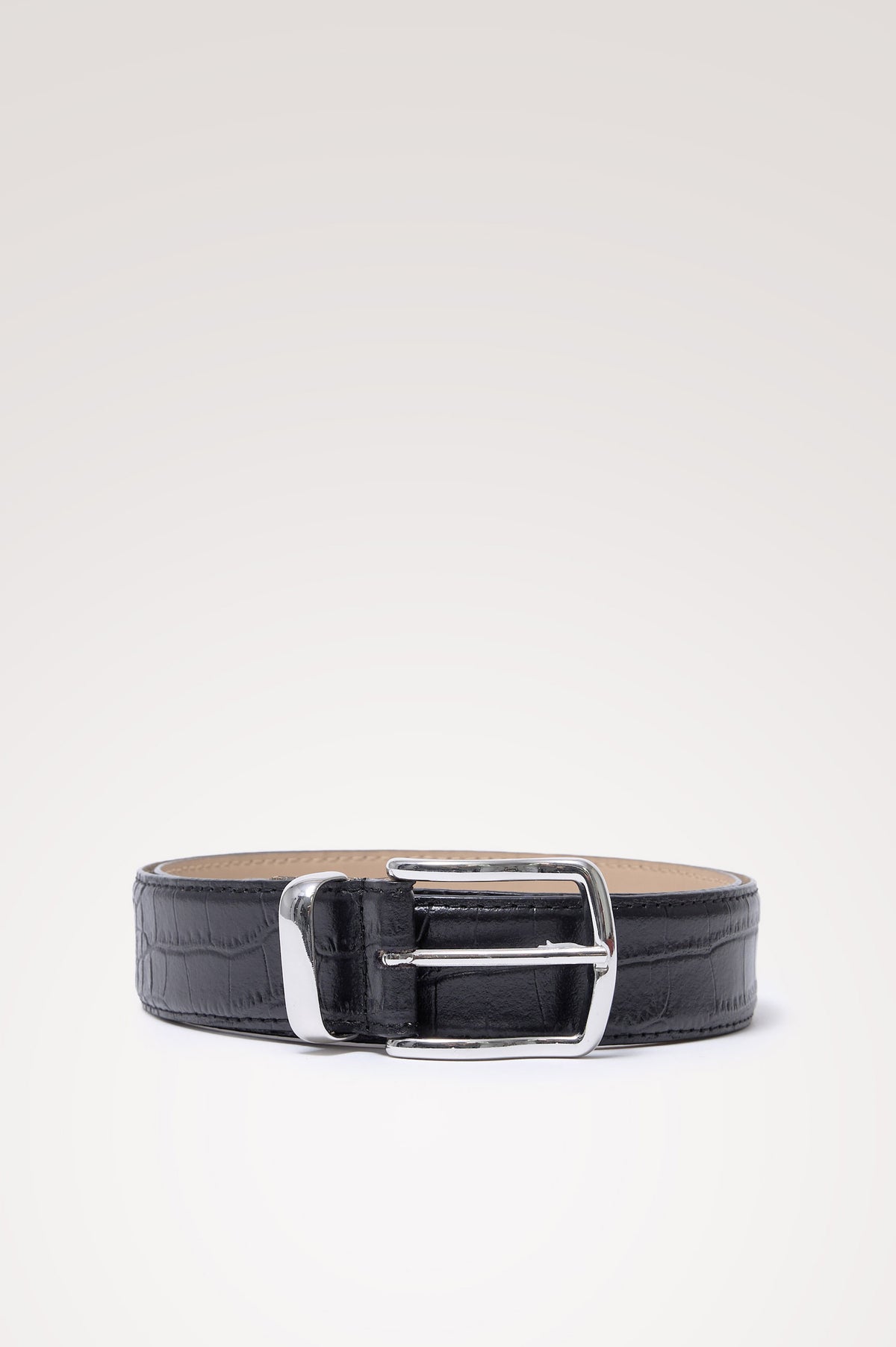 Savona Belt in Croc Embossed Leather With Polished Buckle and Metal Tip in Black Croc Embossed Pewter Colorway - Front Product View Featured