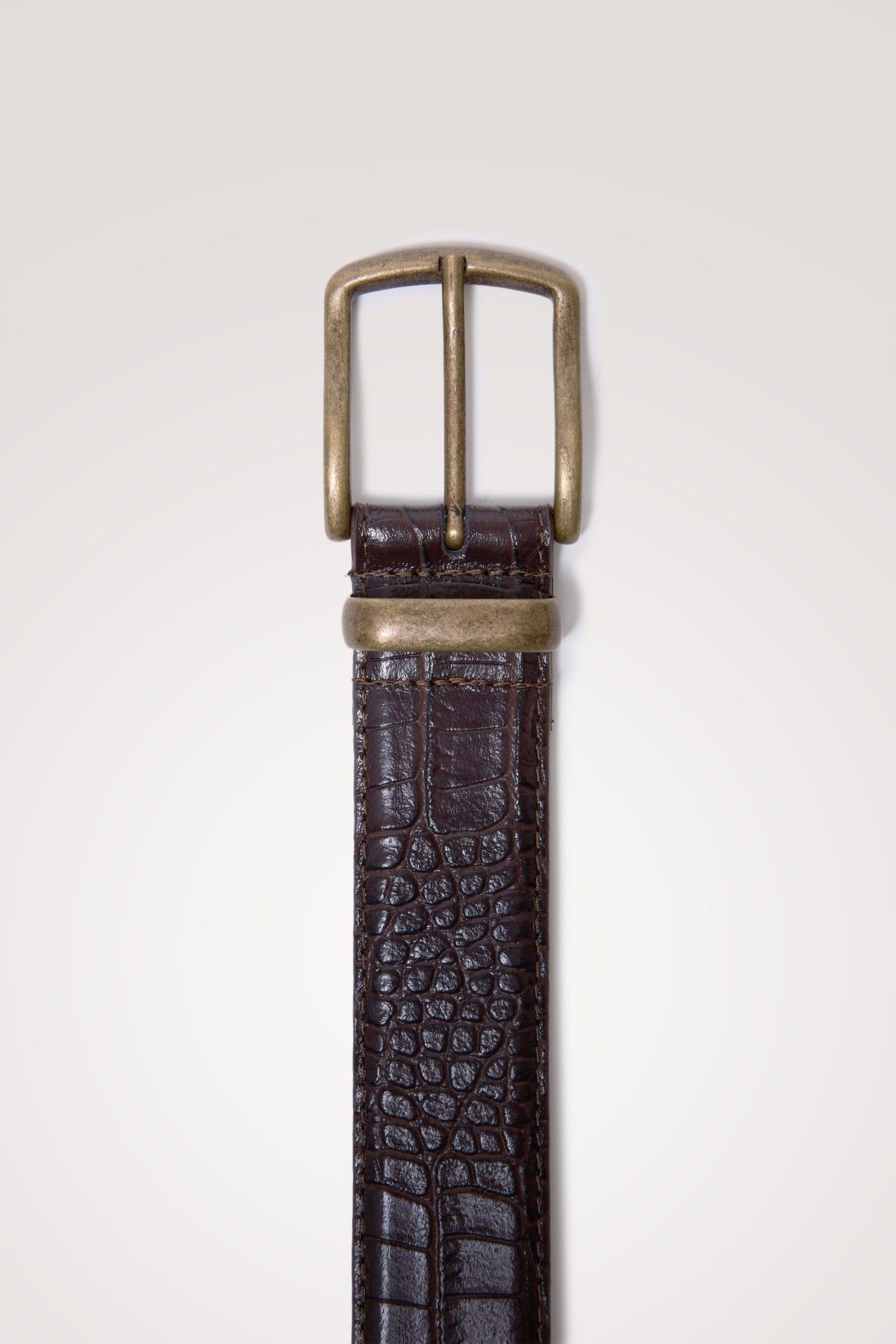 Savona Belt in Croc Embossed Leather With Polished Buckle and Metal Tip in Brown Croc Embossed Gold Colorway - Top Product View Featured