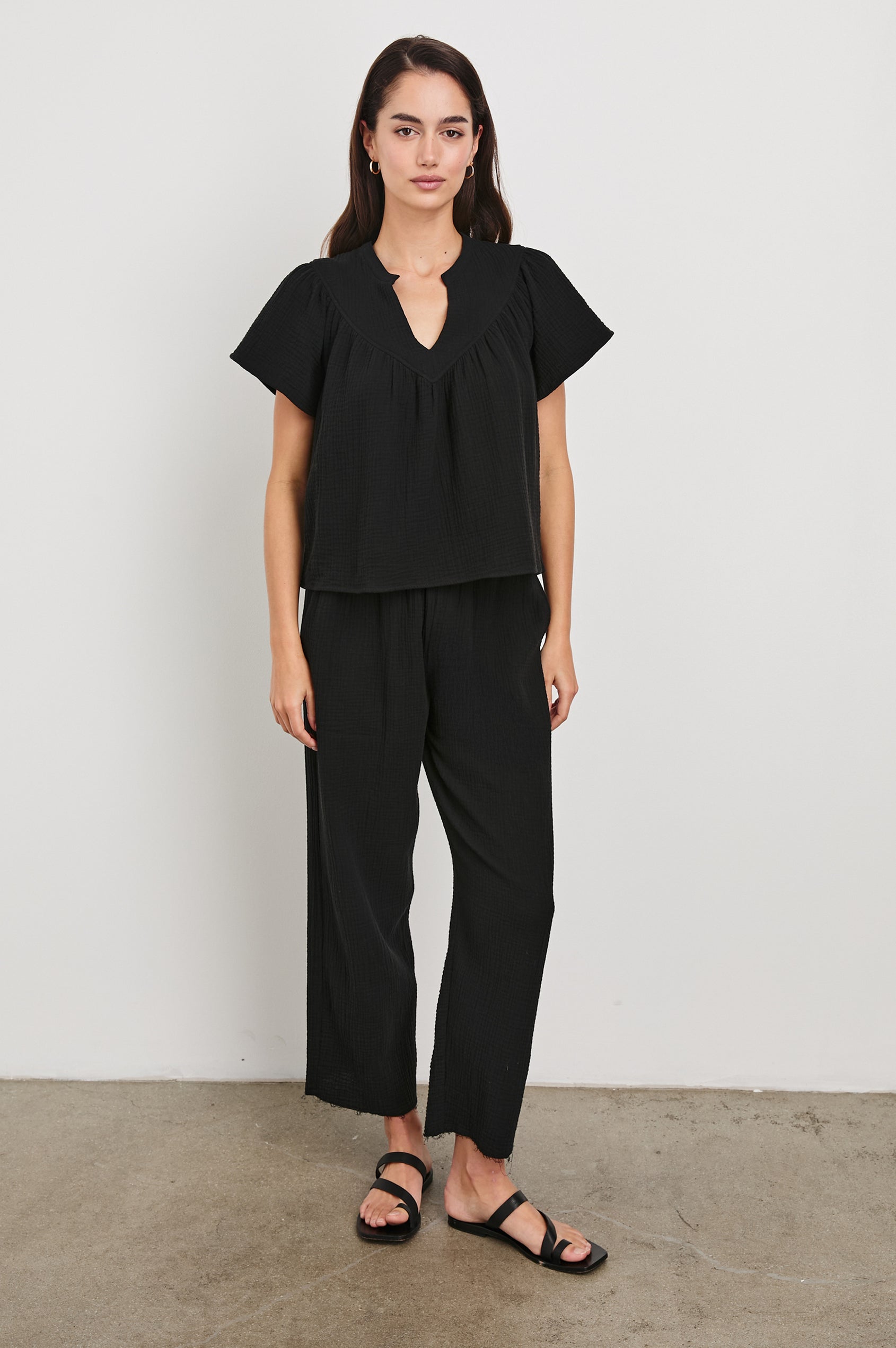 Sayer Short Sleeve Cotton Gauze Top With V-Neck In Colorway Black - Full Front Body View Featured On Model
