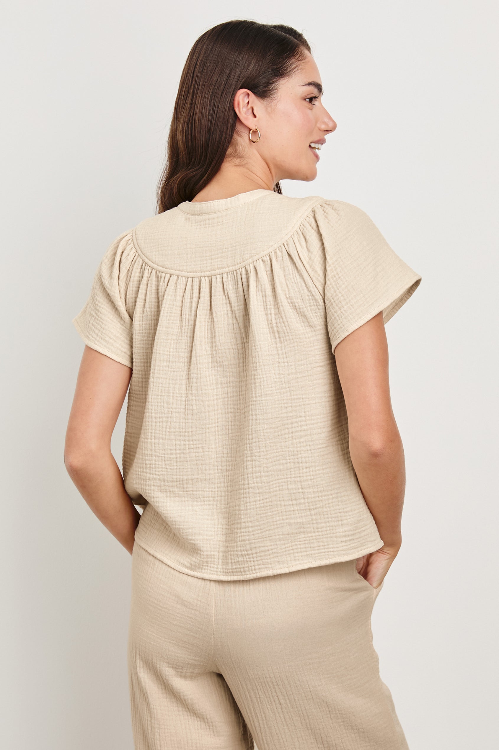 Sayer double cotton gauze flared short sleeve tee with V neckline in Flax - back view on model