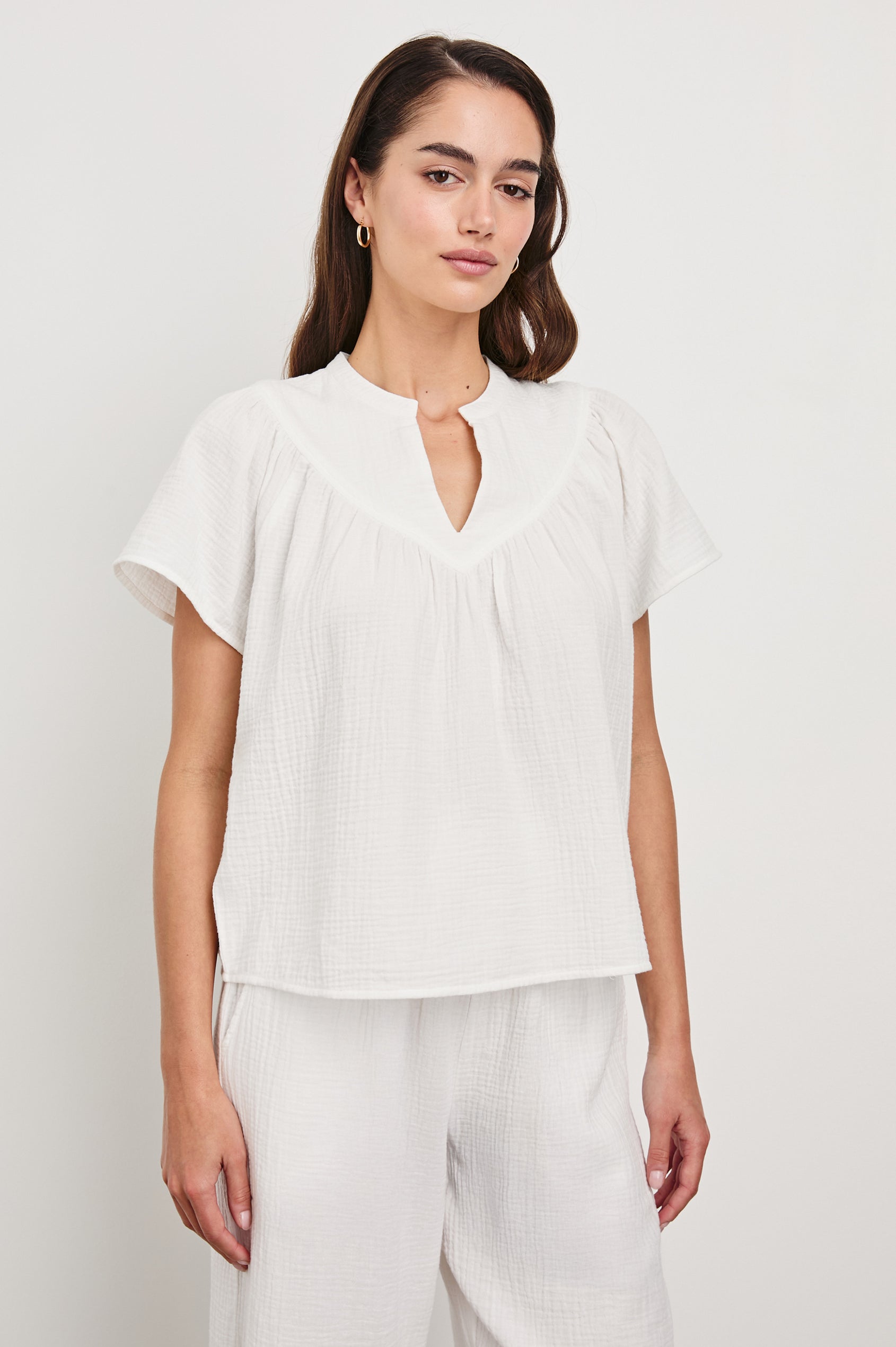 Sayer double cotton gauze flared short sleeve tee with V neckline in White - front view on model