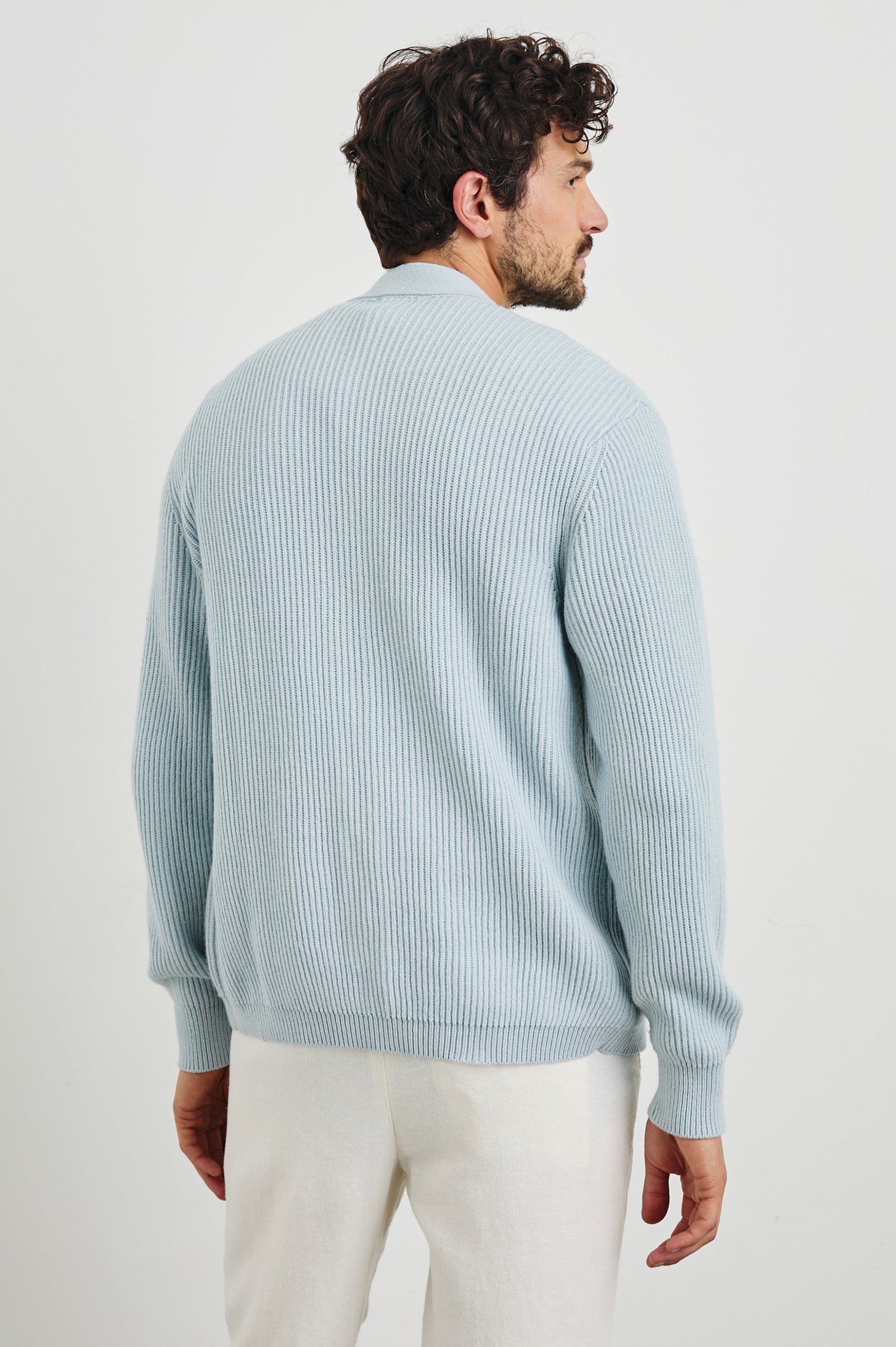 Sean Long-Sleeve Ribbed Sweater with V neck, Button Closure and Two Front Patch Pockets in Skyway Colorway - Back View Featured on Model