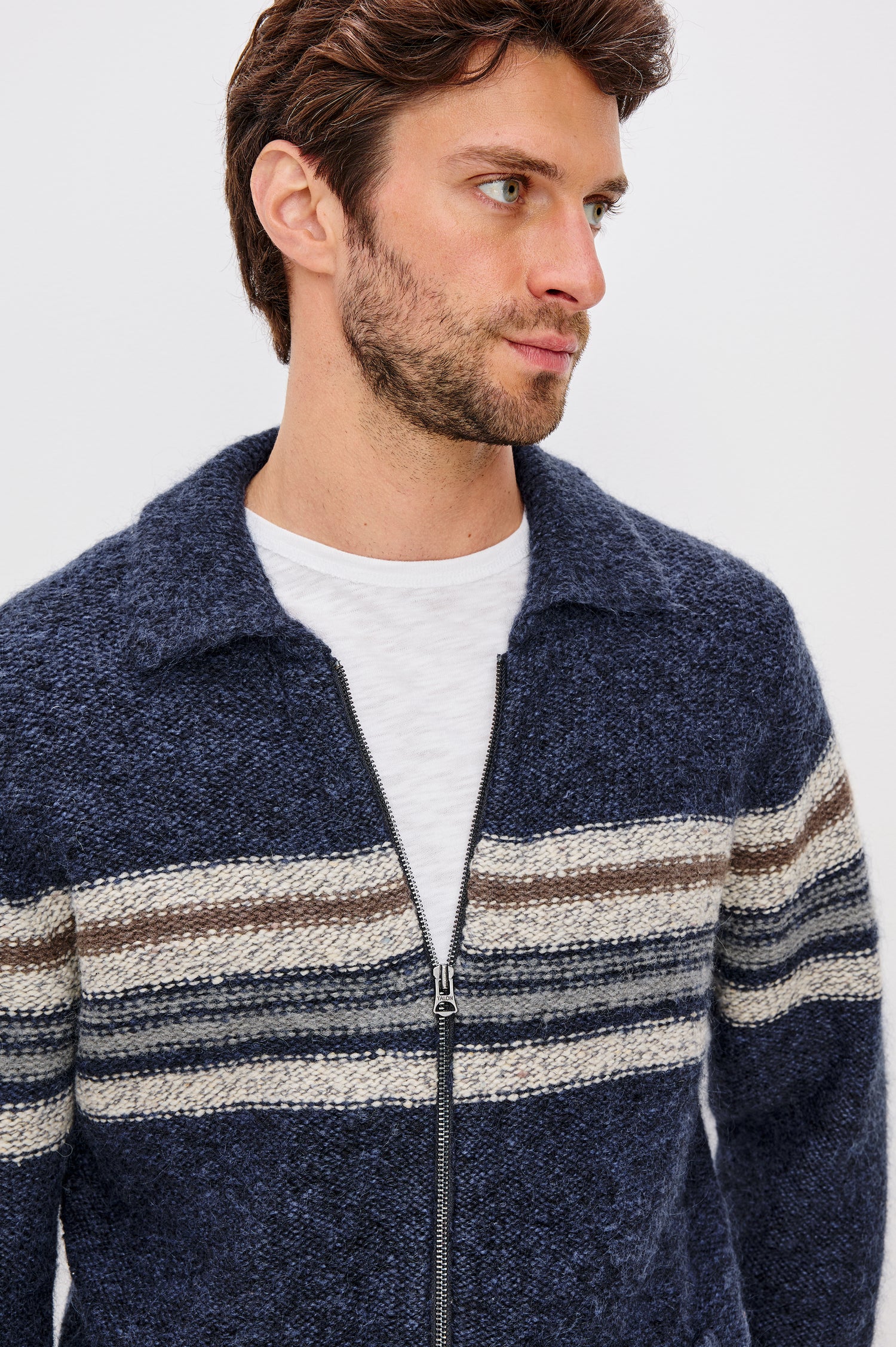 Seldon Cardigan Sweater in Wool Blend With Collar, Zip Front, Long Sleeves, Chest Stripes, and Ribbed Trim in Moon Shadow Colorway - Upper Body Front Close Up View Featured on Model