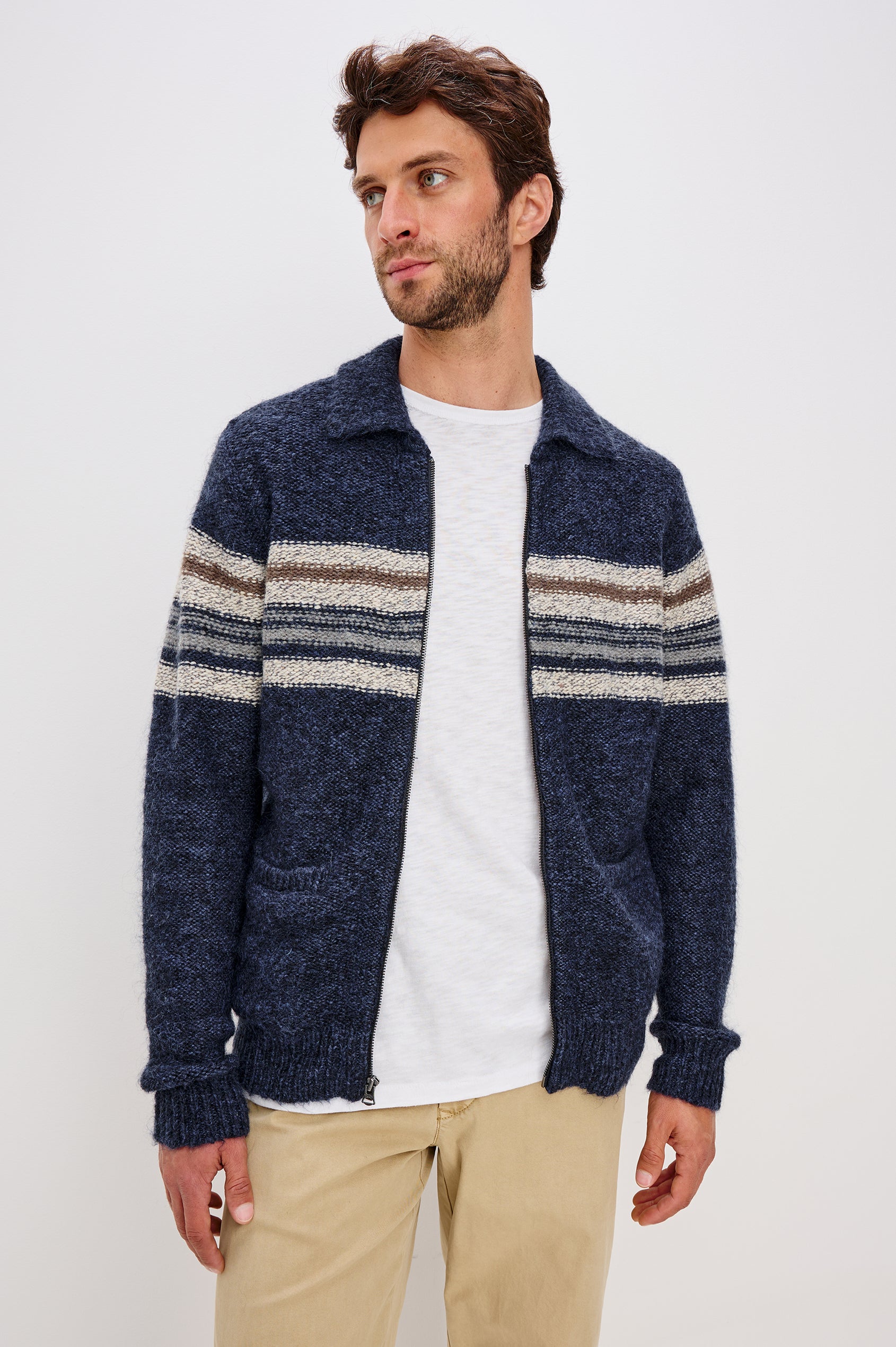 Seldon Cardigan Sweater in Wool Blend With Collar, Zip Front, Long Sleeves, Chest Stripes, and Ribbed Trim in Moon Shadow Colorway - Upper Body Front View Featured on Model