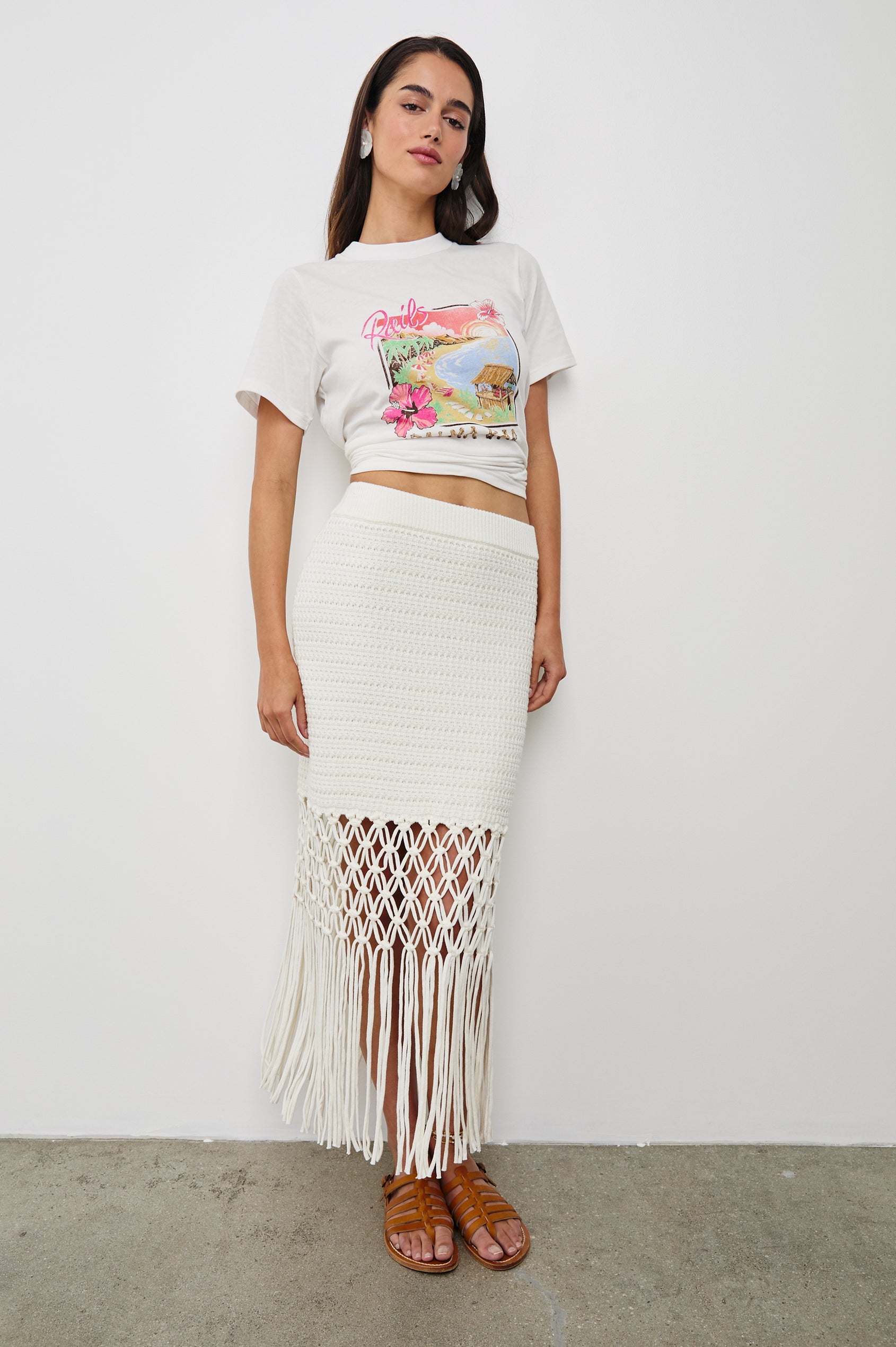 Sevilla Pull On Midi Skirt with Elastic Waistband, Straight Fit, Lattice and Fringed Hem in White Colorway. Full Body Front View Shown on Model.