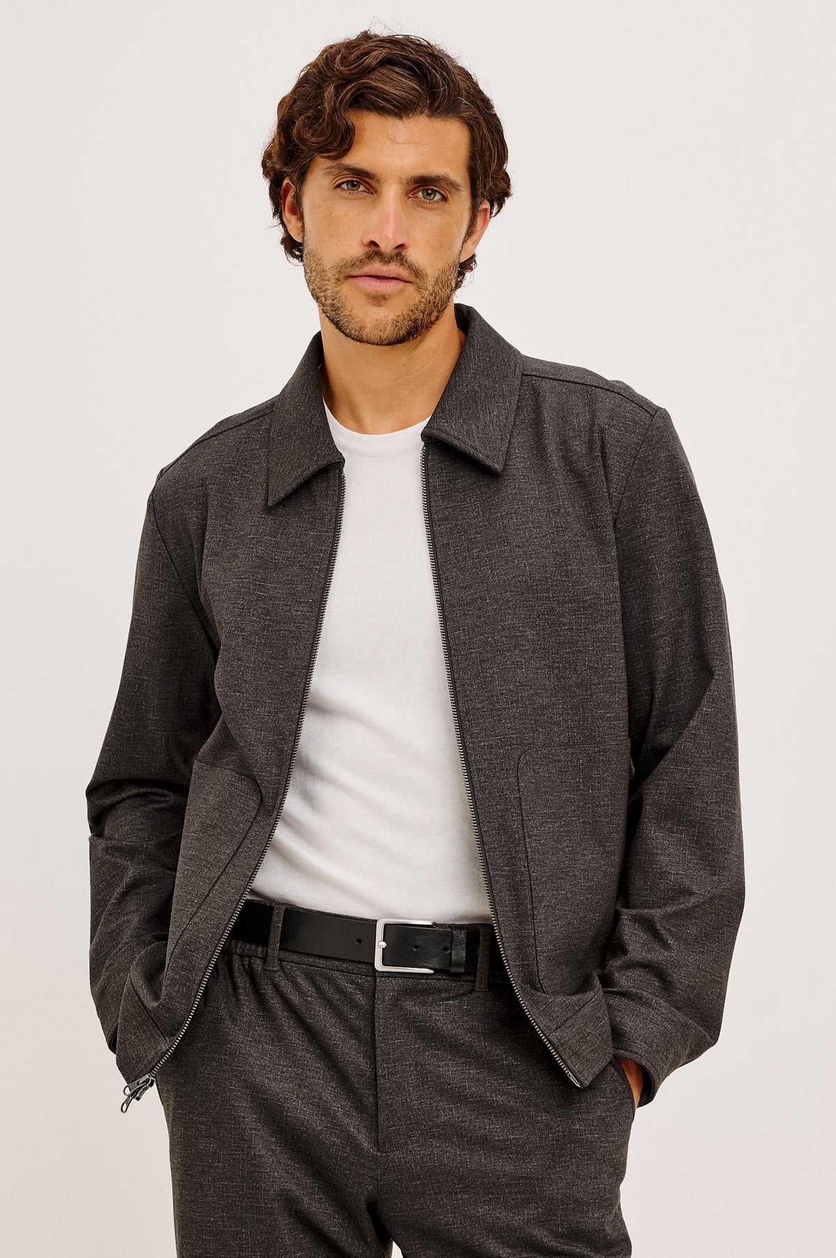 Shael Jacket in Heathered Stretch Ponte With Point Collar, Zip Front, and Double Welt Pockets in Umber Colorway - Upper Body Front View Featured on Model