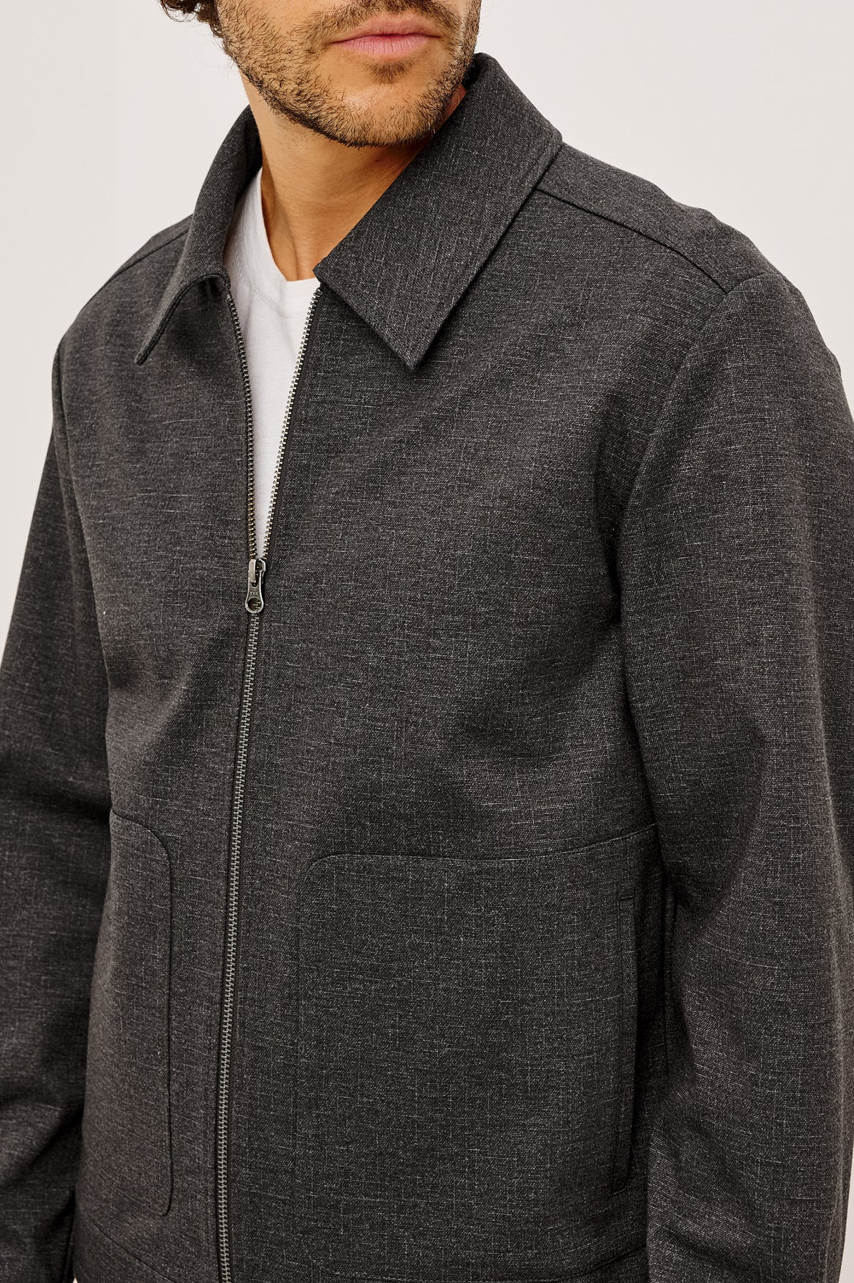 Shael Jacket in Heathered Stretch Ponte With Point Collar, Zip Front, and Double Welt Pockets in Umber Colorway - Upper Body Front View Featured on Model