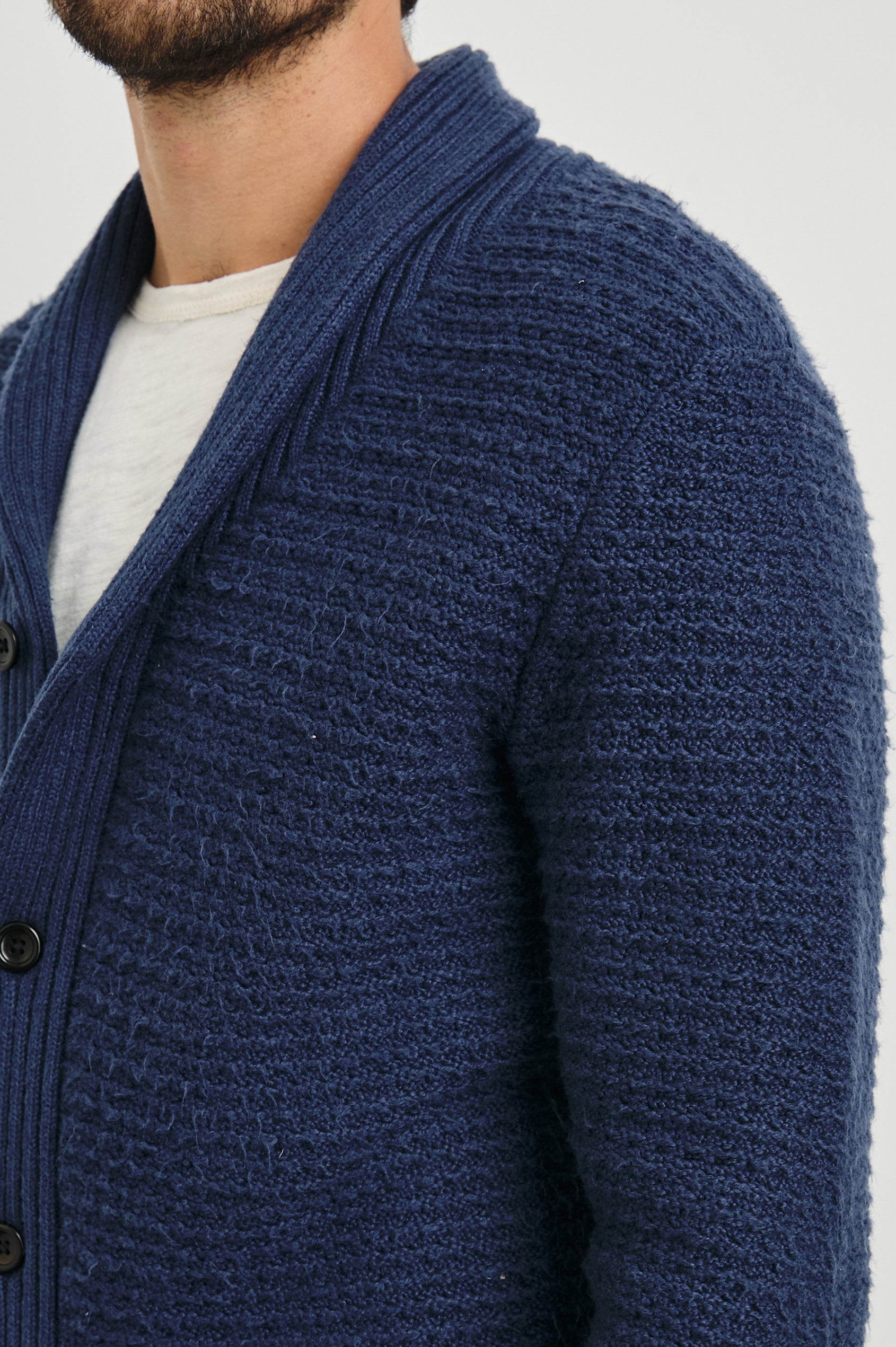 Shepley Long-Sleeve Cardigan with Button Closure and a Shawl Collar in Navy Colorway - Front View Featured on Model