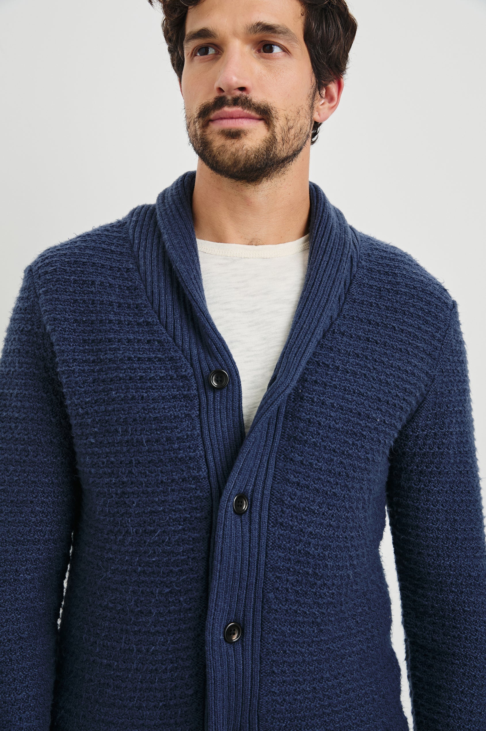Shepley Long-Sleeve Cardigan with Button Closure and a Shawl Collar in Navy Colorway - Front View Featured on Model