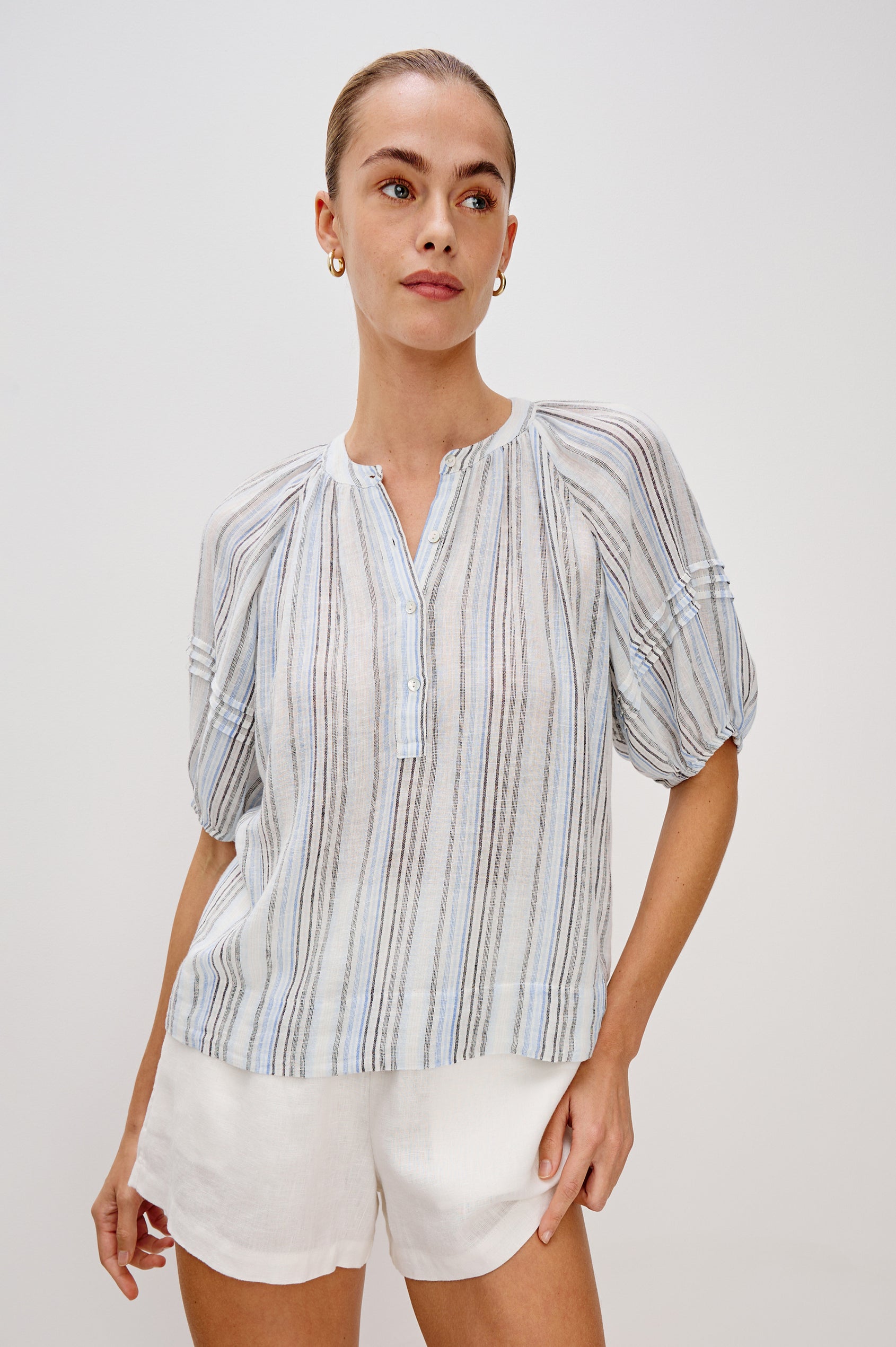 Shoshanna Pull Over Button Front Blouse with Elbow Length Raglan Blouson Sleeves in Antibes Stripe. Front View Shown on Model.