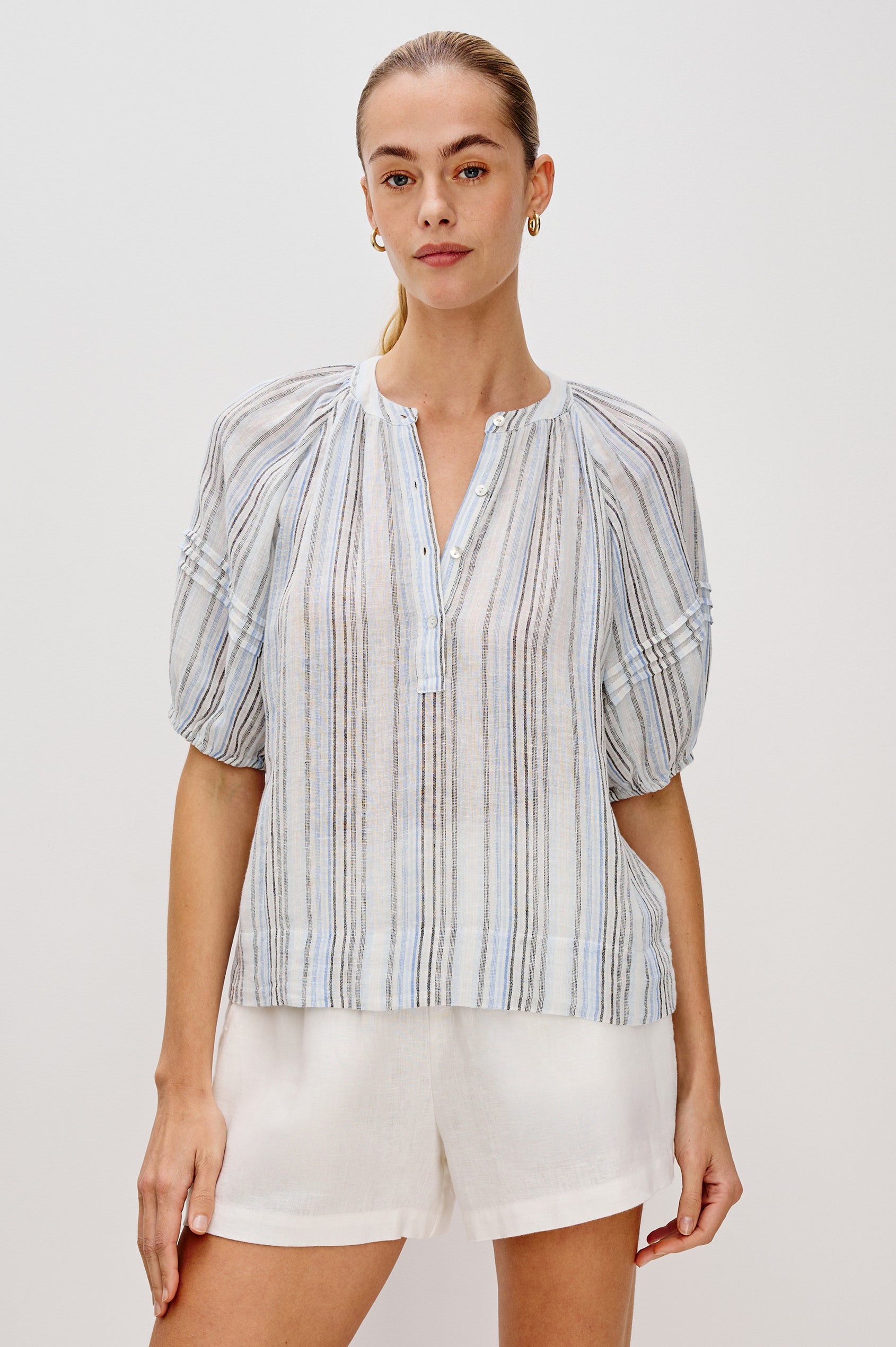 Shoshanna Pull Over Button Front Blouse with Elbow Length Raglan Blouson Sleeves in Antibes Stripe. Front View Shown on Model.
