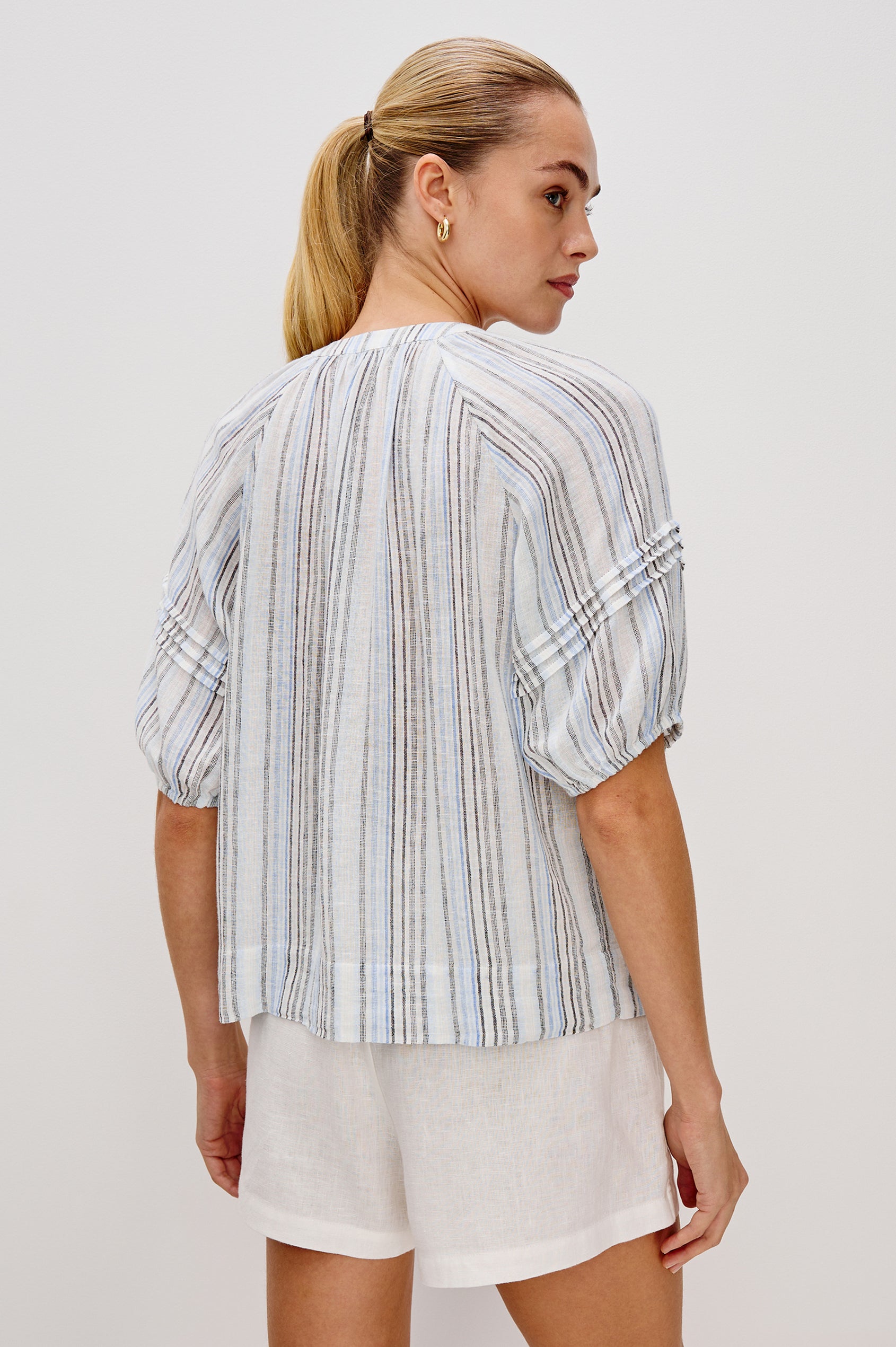Shoshanna Pull Over Button Front Blouse with Elbow Length Raglan Blouson Sleeves in Antibes Stripe. Back View Shown on Model.