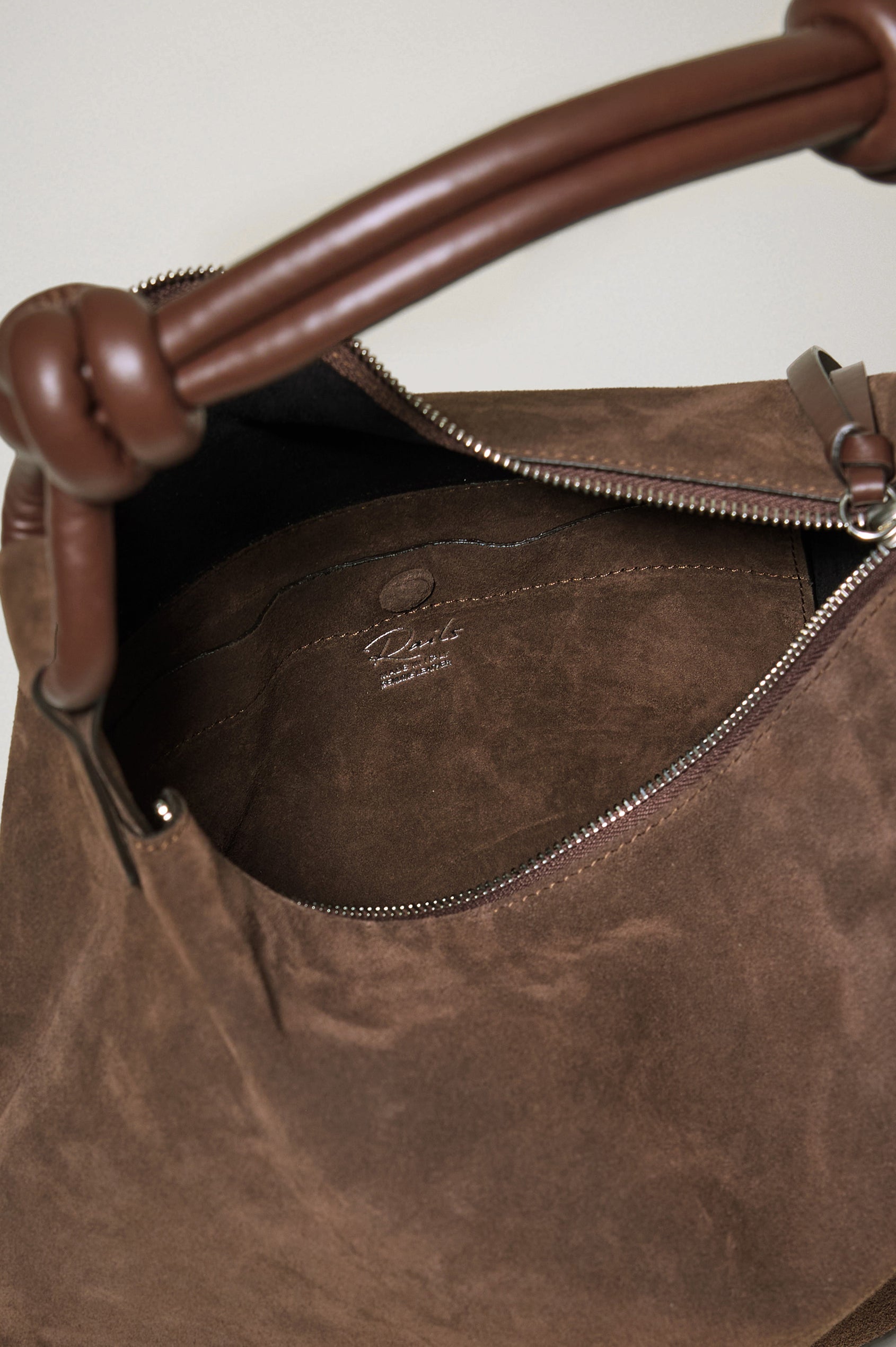 Siena Slouchy Hobo Bag in Suede With Knotted Top Strap, Zipper Closure With Fringe Tassel And Interior Snap Button Slip Pocket in Espresso Suede Colorway - Top Interior View Featured