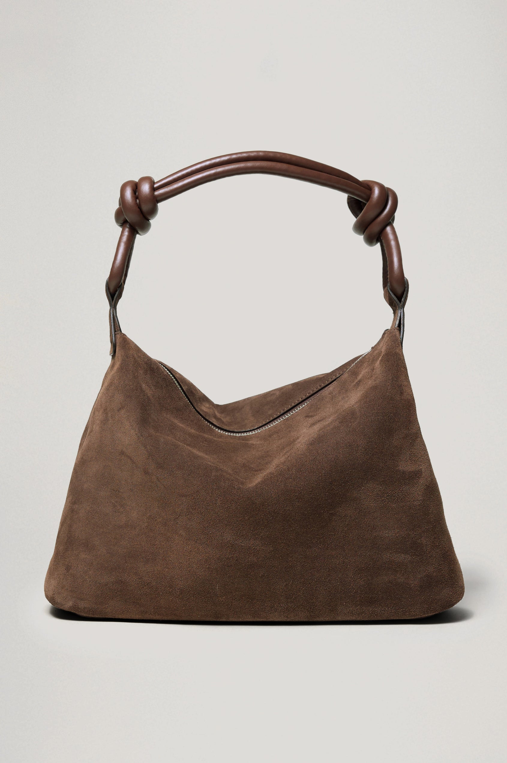 Siena Slouchy Hobo Bag in Suede With Knotted Top Strap, Zipper Closure With Fringe Tassel And Interior Snap Button Slip Pocket in Espresso Suede Colorway - Front View Featured