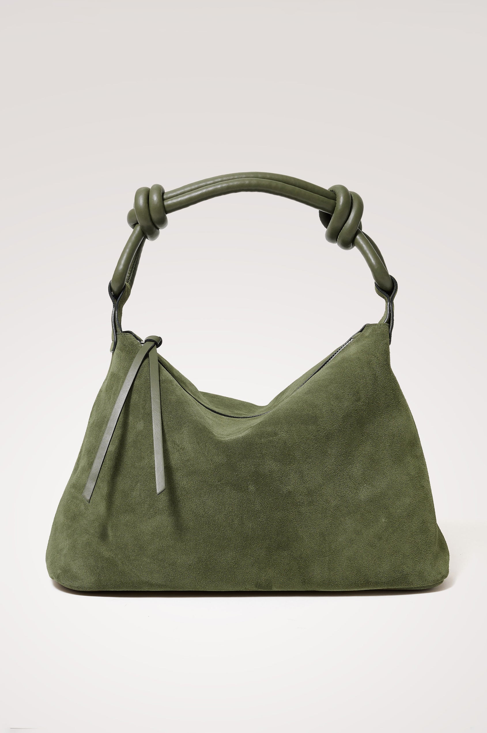 Siena Hobo Bag in Suede With Knotted Top Strap, Zip Closure With Fringe Tassel Pull, Microsuede Lining, Snap-Button Slip Pocket and Foil Logo Stamp at Interior in Olive Suede Colorway -