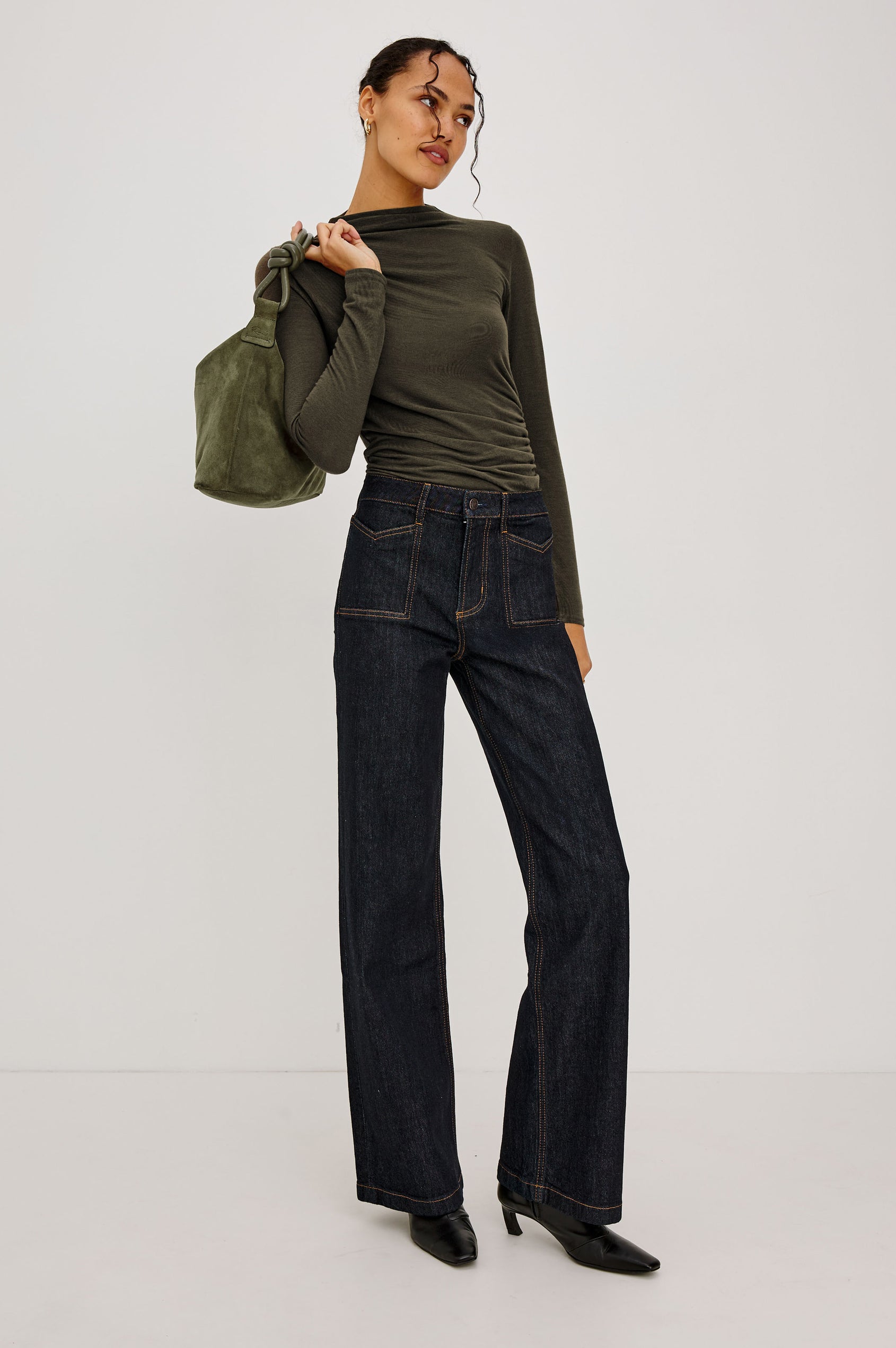 Siena Hobo Bag in Suede With Knotted Top Strap, Zip Closure With Fringe Tassel Pull, Microsuede Lining, Snap-Button Slip Pocket and Foil Logo Stamp at Interior in Olive Suede Colorway -