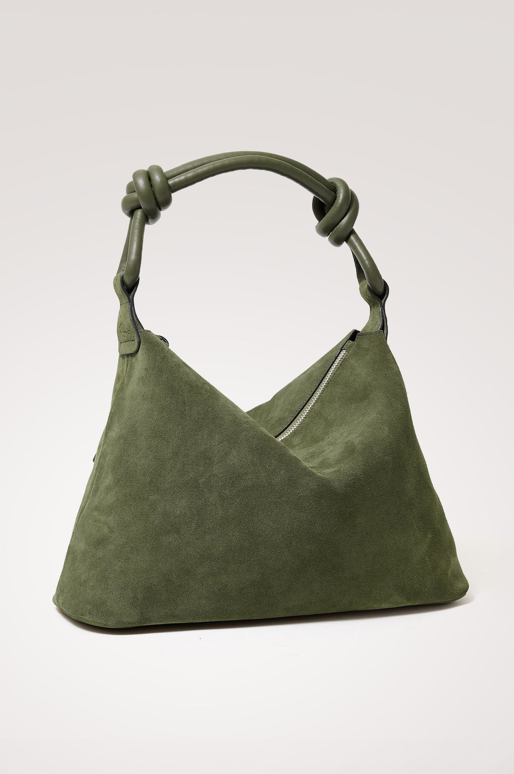 Siena Hobo Bag in Suede With Knotted Top Strap, Zip Closure With Fringe Tassel Pull, Microsuede Lining, Snap-Button Slip Pocket and Foil Logo Stamp at Interior in Olive Suede Colorway -