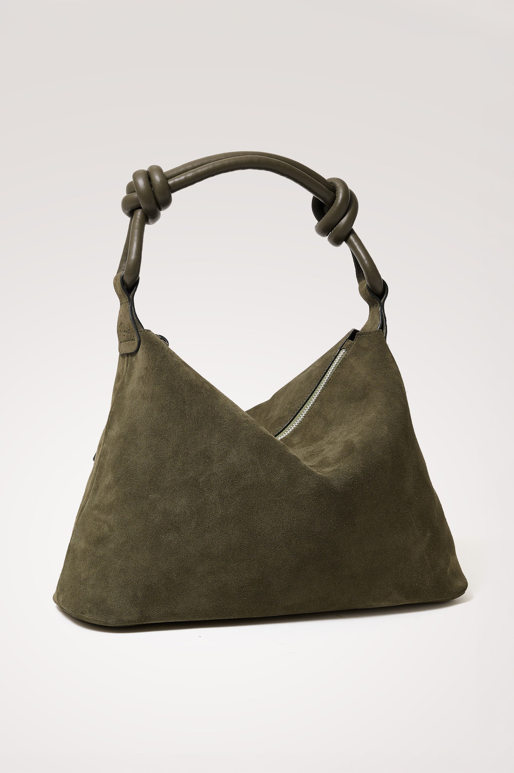 Siena Hobo Bag in Suede With Knotted Top Strap, Zip Closure With Fringe Tassel Pull, Microsuede Lining, Snap-Button Slip Pocket and Foil Logo Stamp at Interior in Olive Suede Colorway -