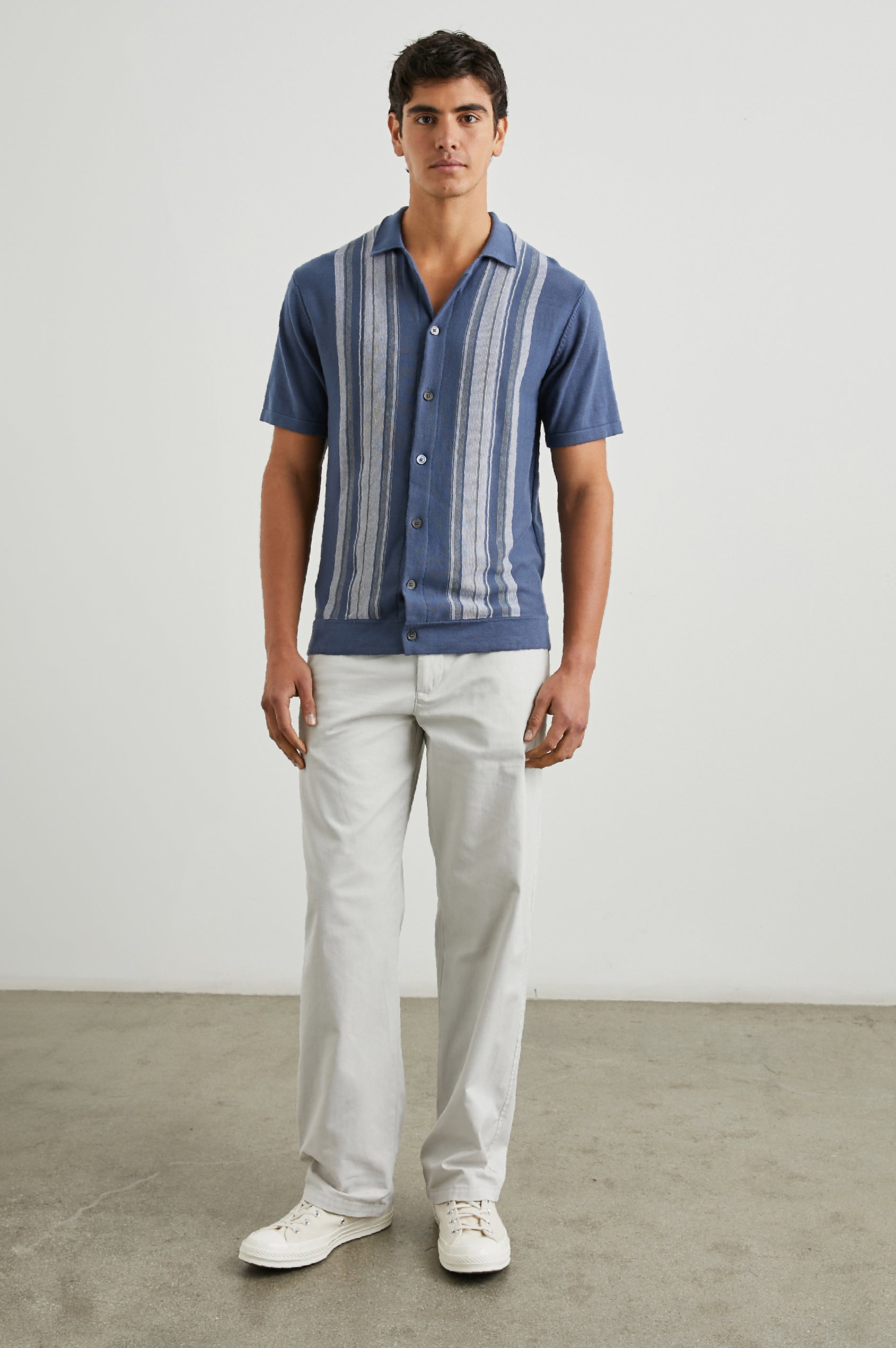 Silas Short-Sleeve Button Up in Marrakesh Blue Multi Colorway, with two front sections of vertical stripes in white and grey - Front Full Body View Featured on Model