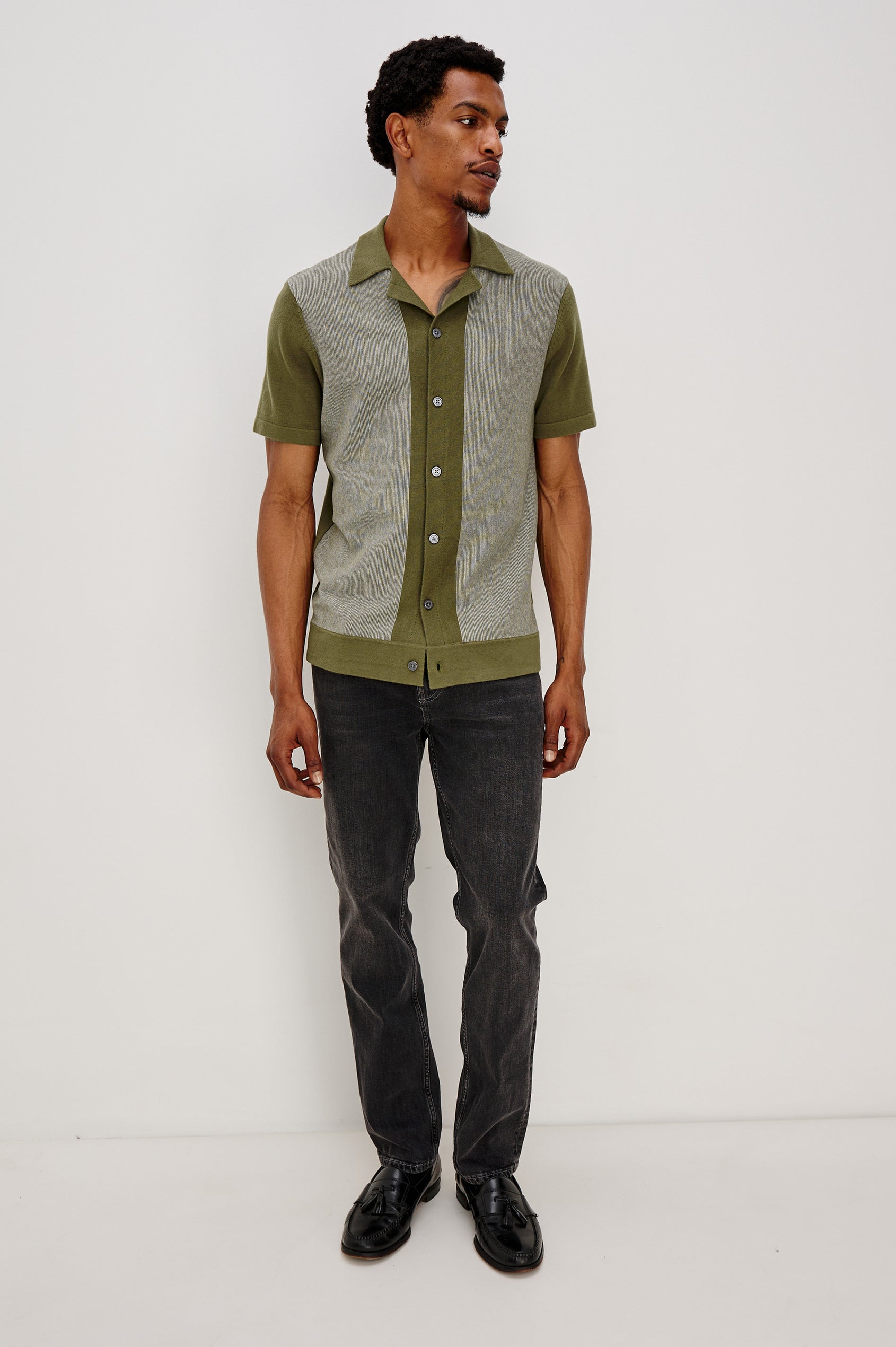 Silas short sleeve knit button down shirt with retro front striped design features in Olive Khaki Stripe - front full body view on model
