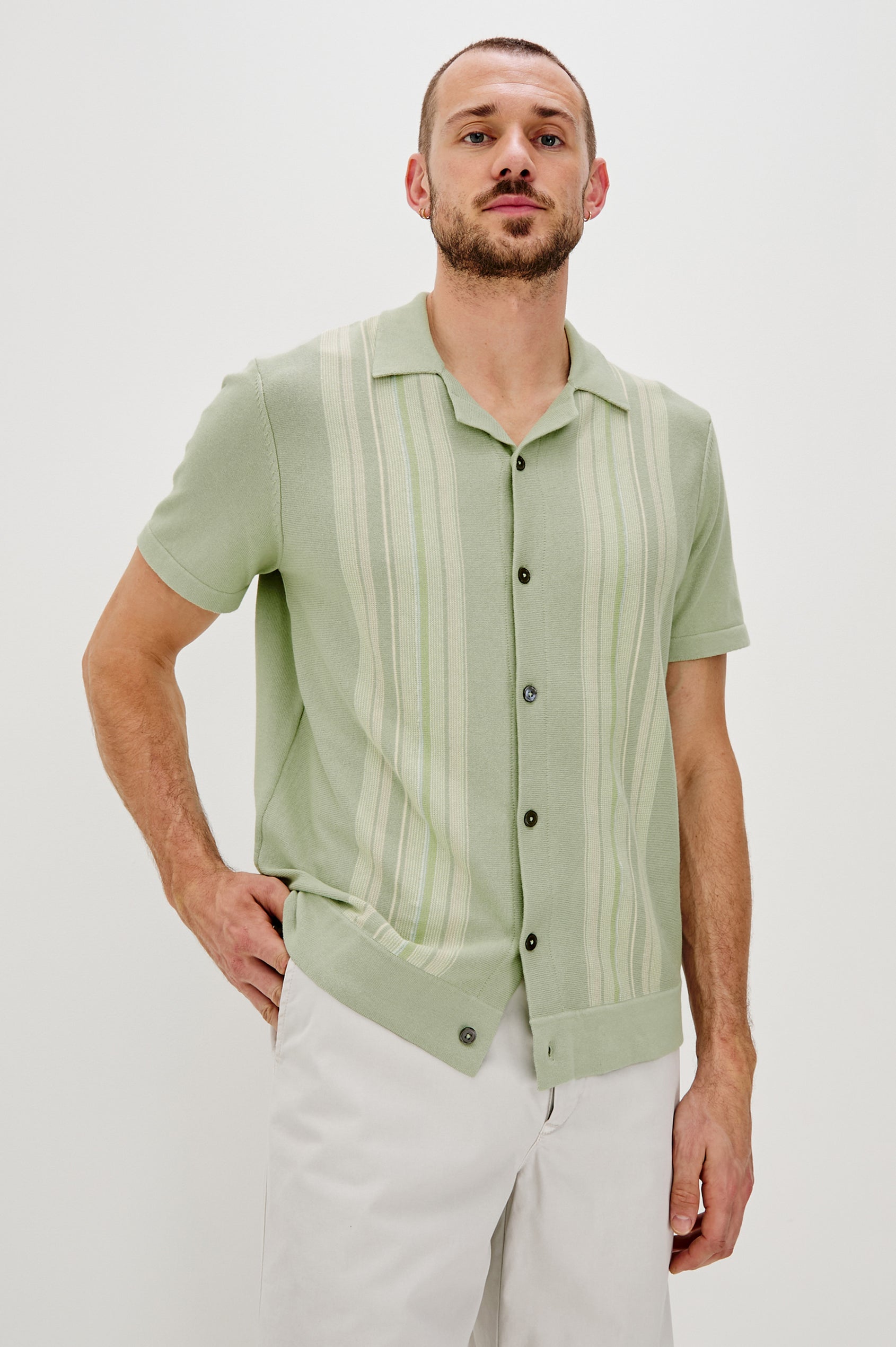 SILAS SHIRT - SAGE IRIDESCENT MULTI - FRONT BODY LEANING