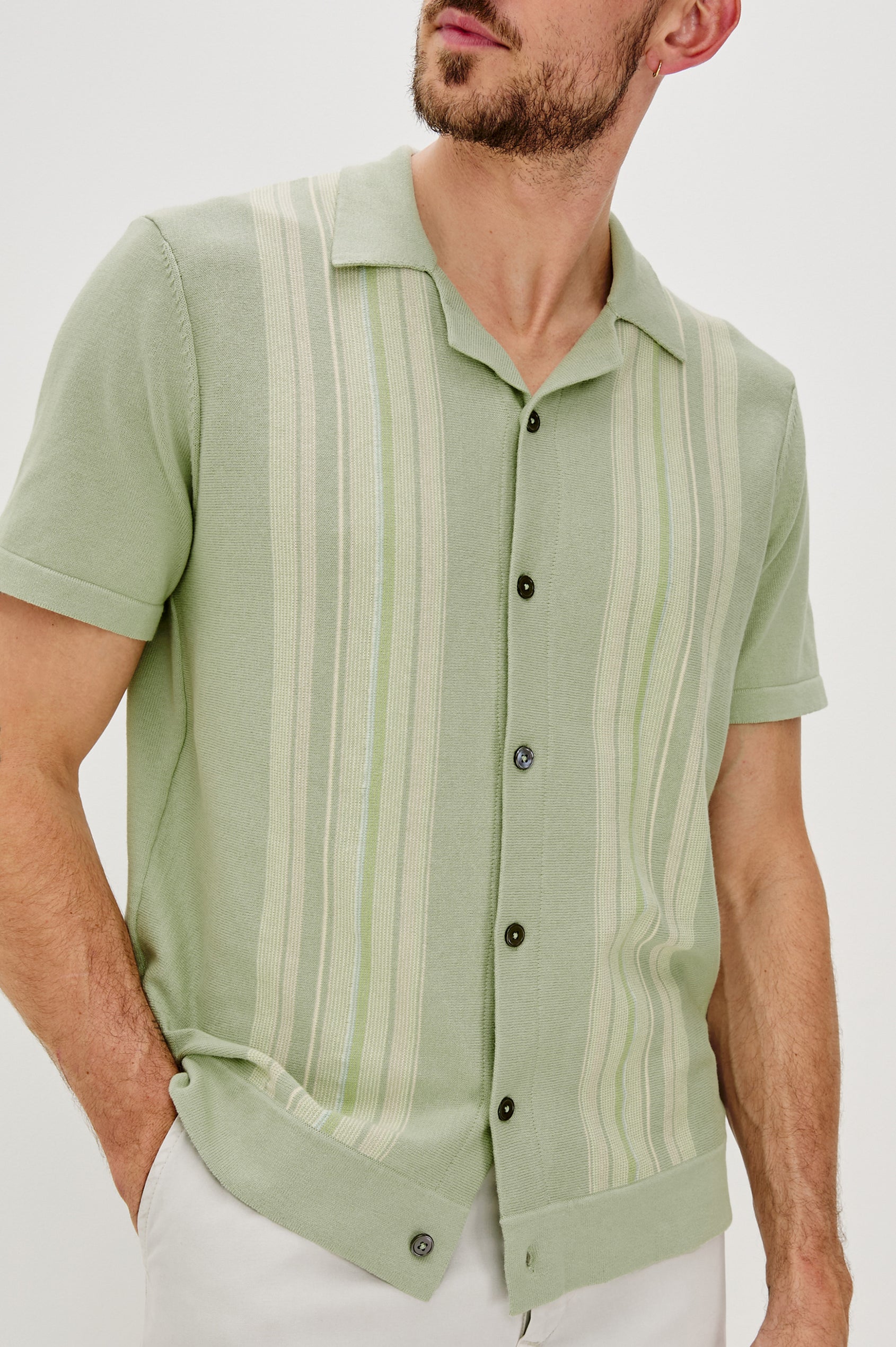 SILAS SHIRT - SAGE IRIDESCENT MULTI - FRONT DETAIL VIEW ON MODEL