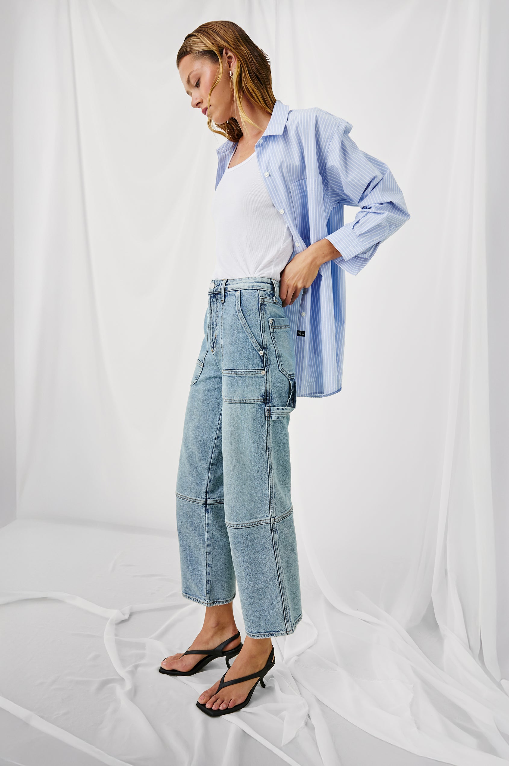 Silverado high rise wide leg crop pant with carpenter style details and contrast stitching in Blueprint - stylized full body front view on modeL