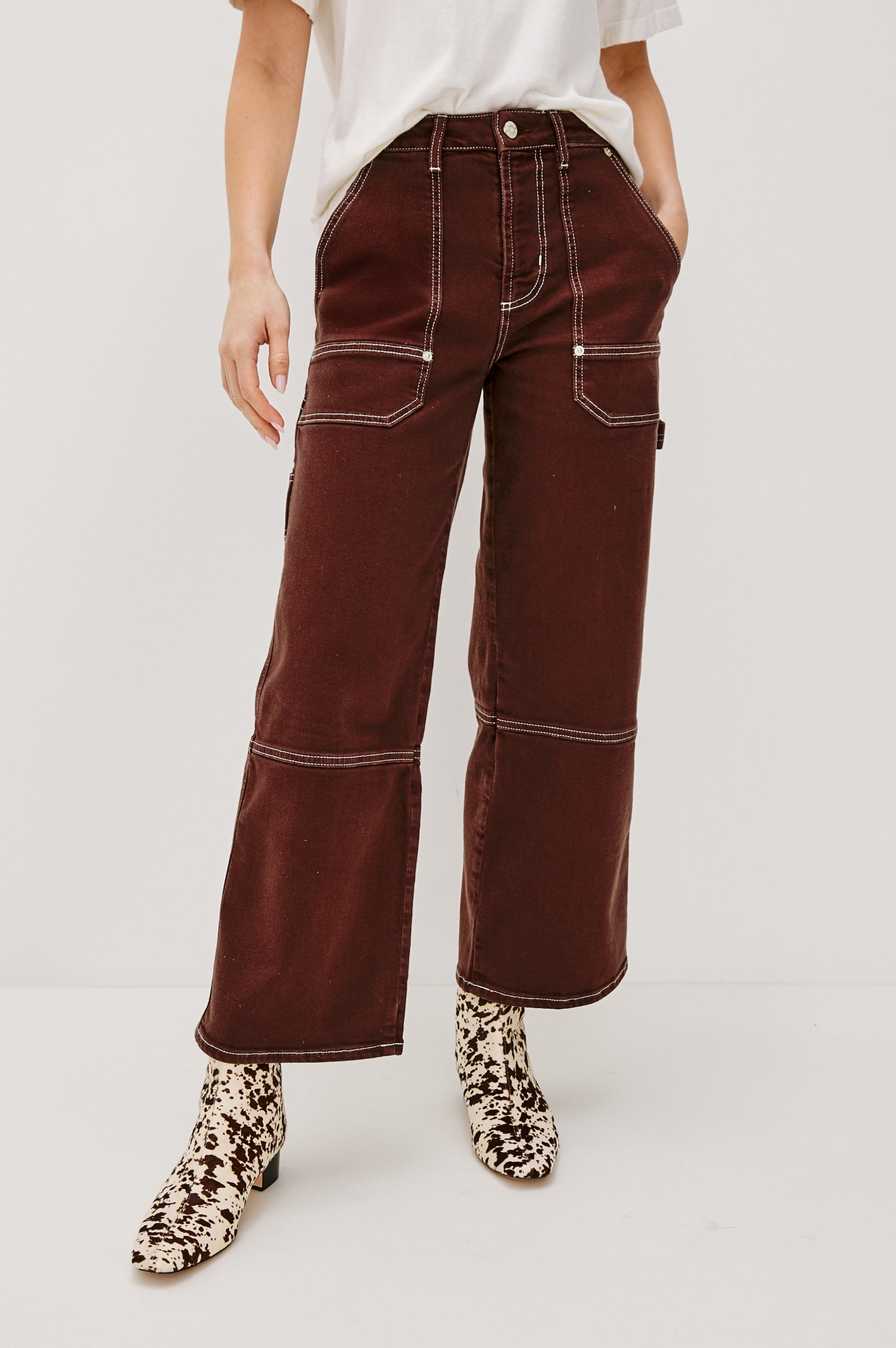 Silverado high rise wide leg crop pant with carpenter style details and contrast stitching in Chocolate Contrast Stitch - front view on model.