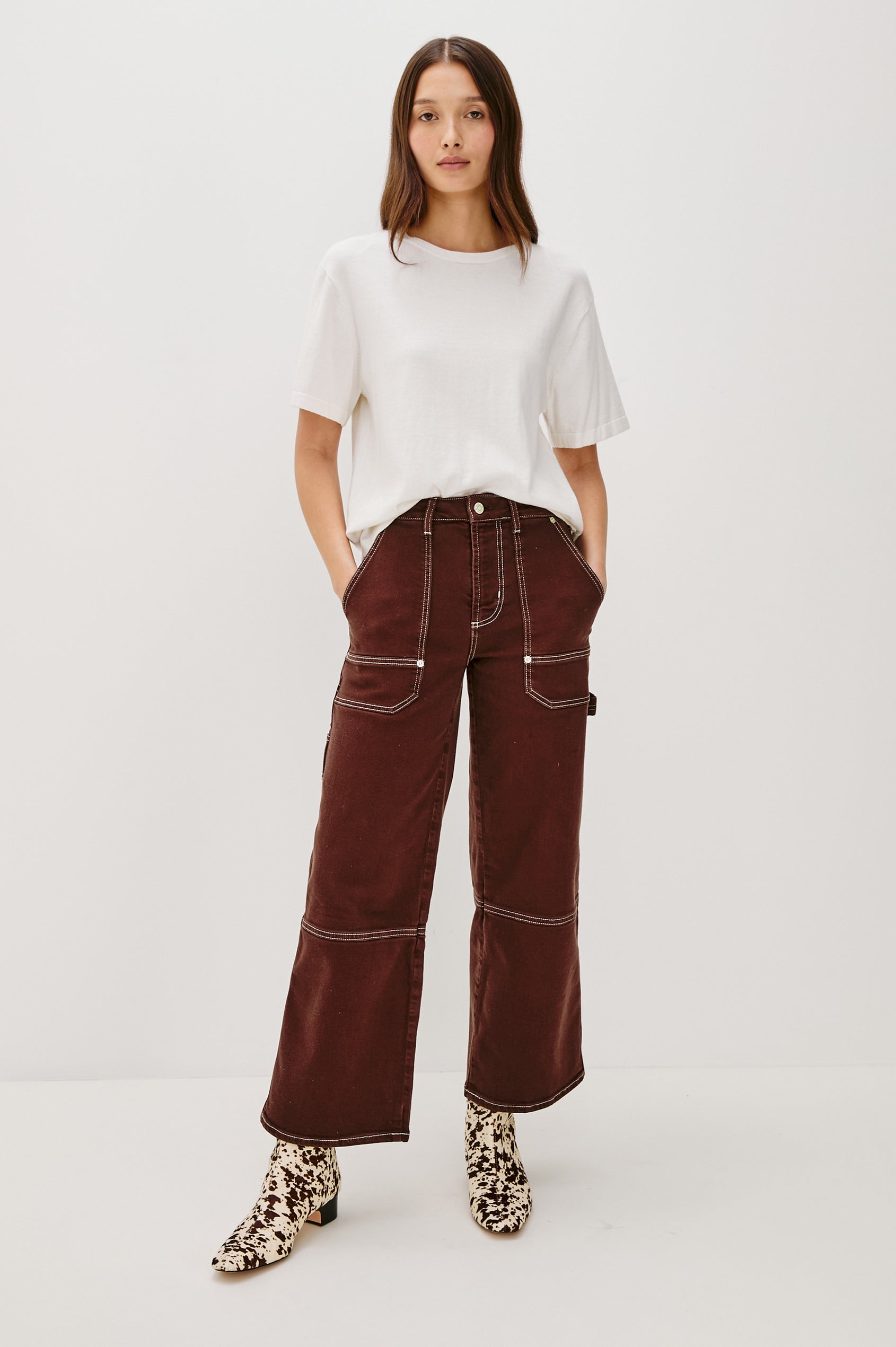 Silverado high rise wide leg crop pant with carpenter style details and contrast stitching in Chocolate Contrast Stitch - front full body view on model.