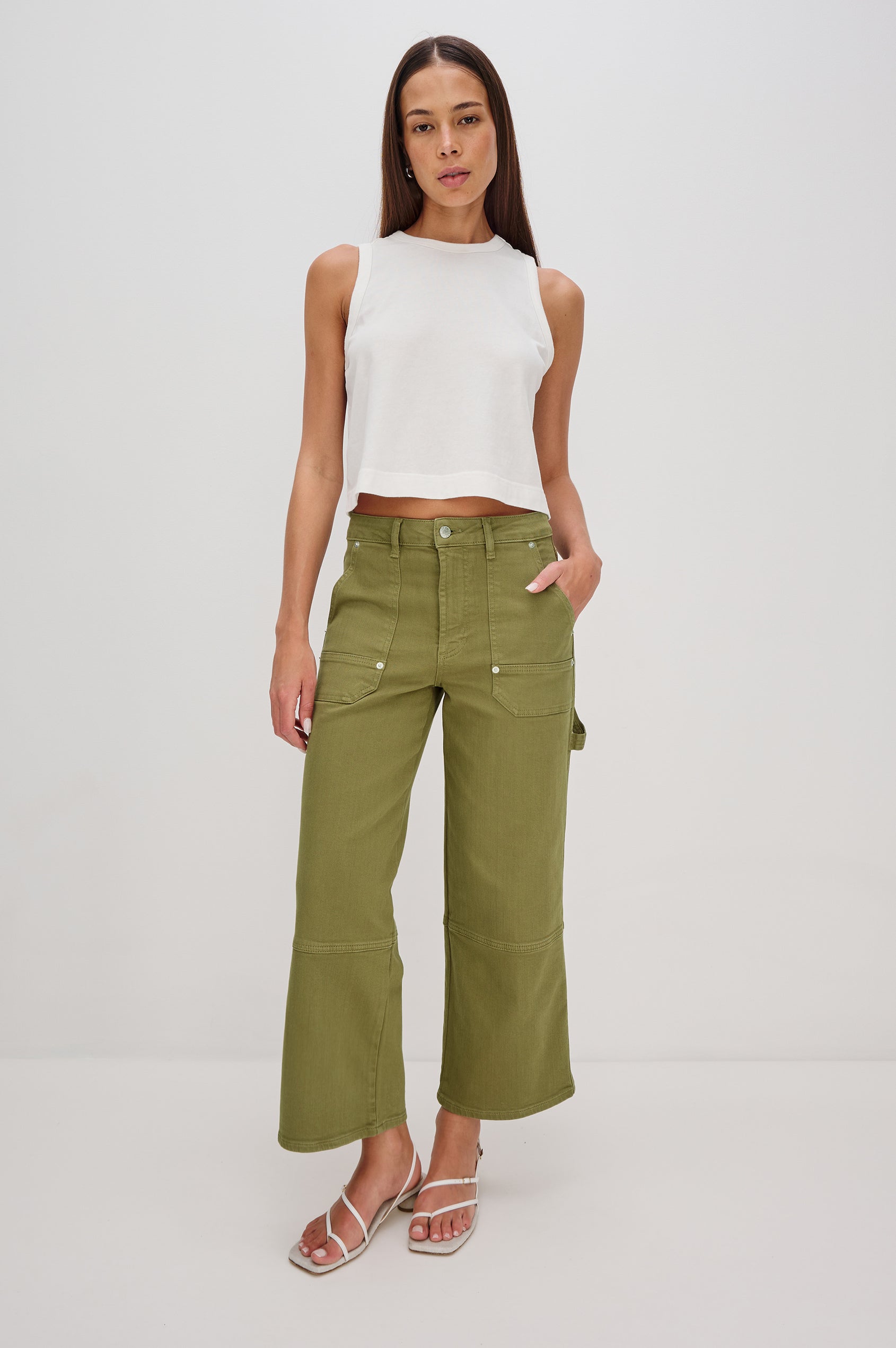 Silverado high rise wide leg crop pant with carpenter style details and contrast stitching in Dark Olive - full body front view on model