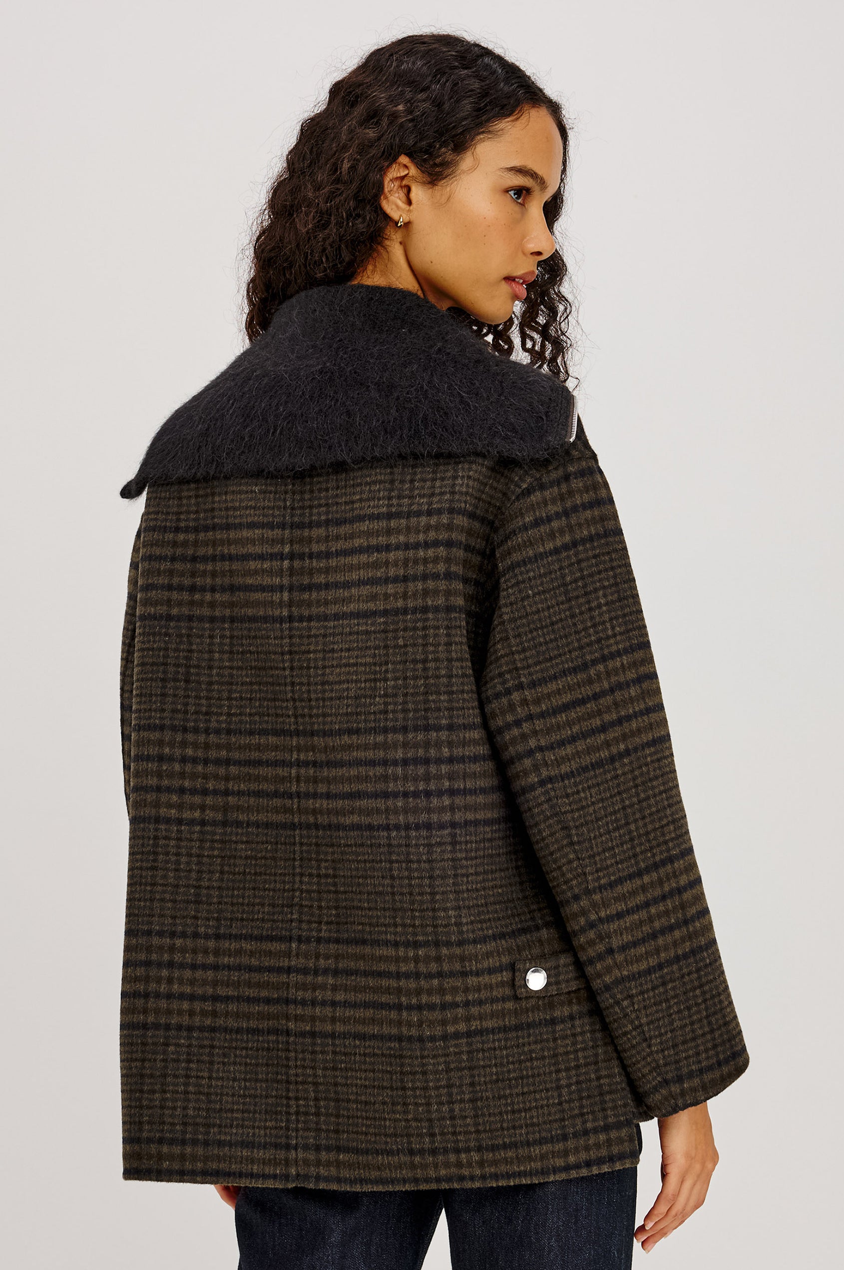 Silves Jacket in Heavy Wool Blend With Contrast Brushed Shawl Collar, Two-Way Front Zip, Single Snap Button, Long Sleeves, and Side Pockets in Highland Plaid Colorway - Upper Body Back View Featured on Model