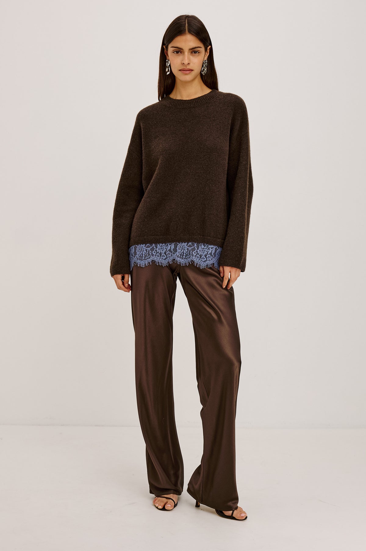 Silvi High-Waisted Pant in Metallic Satin Back Crepe With Elastic Waistband and Straight Legs in Espresso Colorway - Full Body Front View Featured on Model.