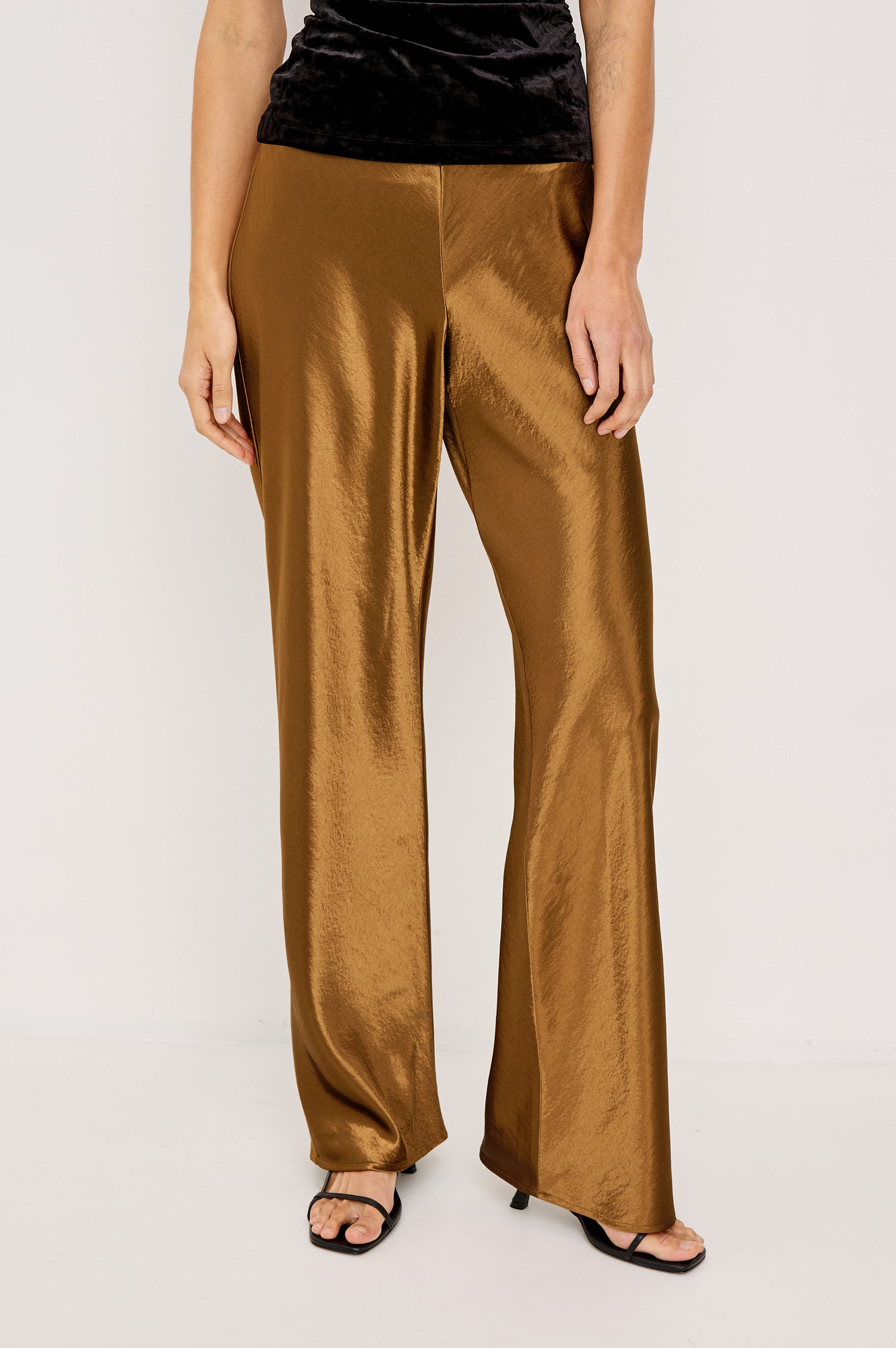 Silvi High-Waisted Pant in Metallic Satin Back Crepe With Elastic Waistband and Straight Legs in Ginger Colorway - Lower Body Front View Featured on Model