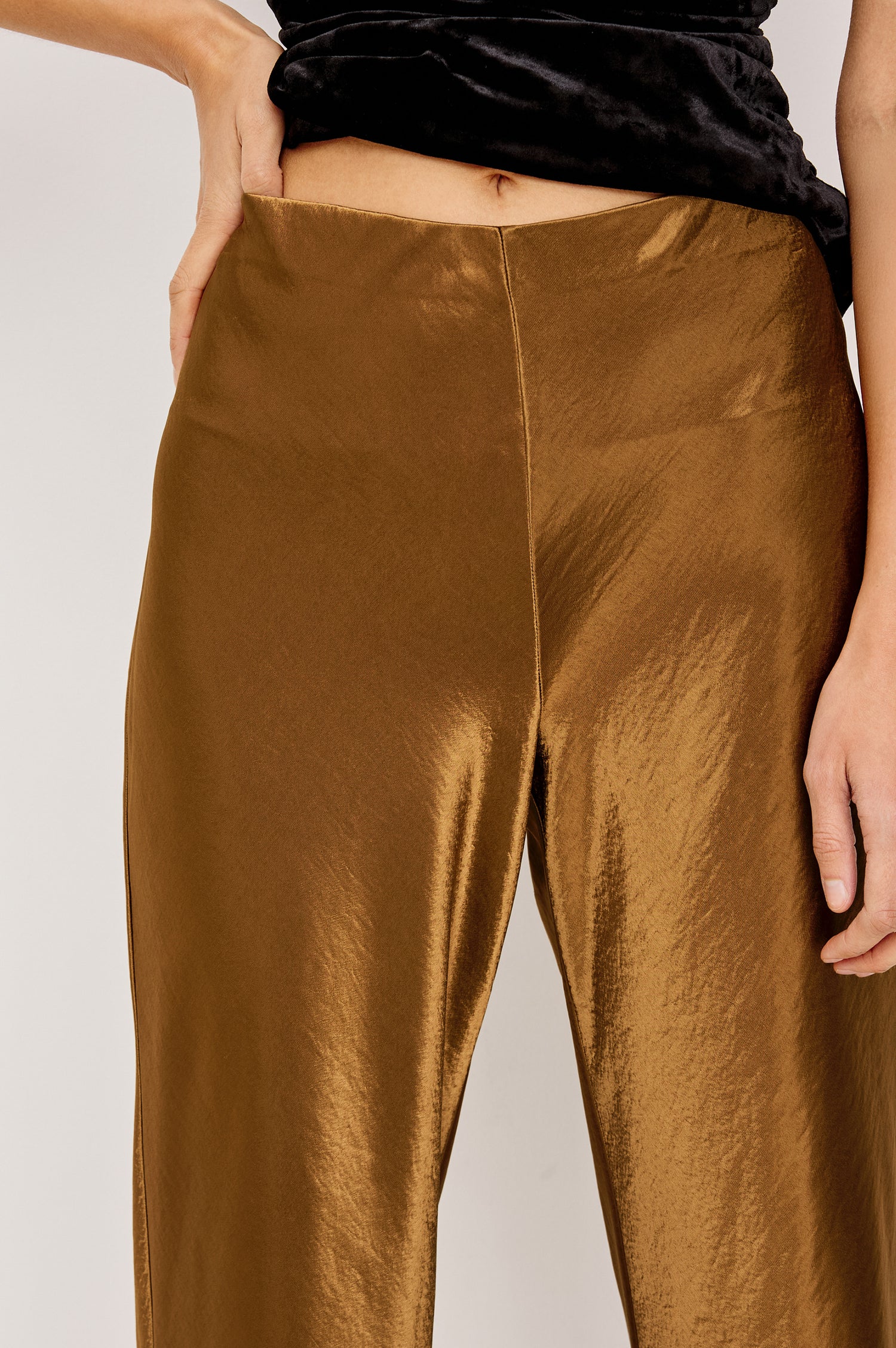 Silvi High-Waisted Pant in Metallic Satin Back Crepe With Elastic Waistband and Straight Legs in Ginger Colorway - Lower Body Close Up Front View Featured on Model