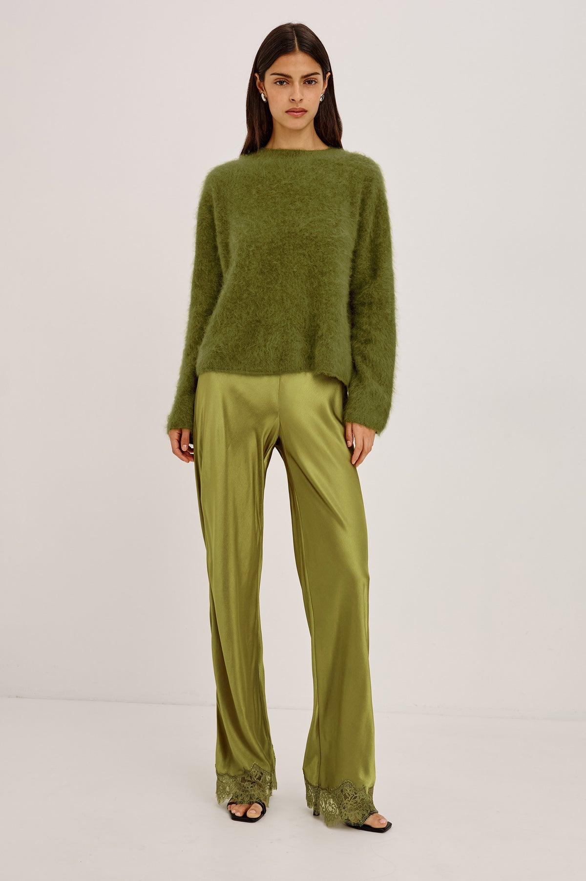 Silvi Pant in Satin-Back Crepe With Straight Legs, Elastic Waist, and Lace Hem in Celery Colorway - Full Body Front View Featured on Model.