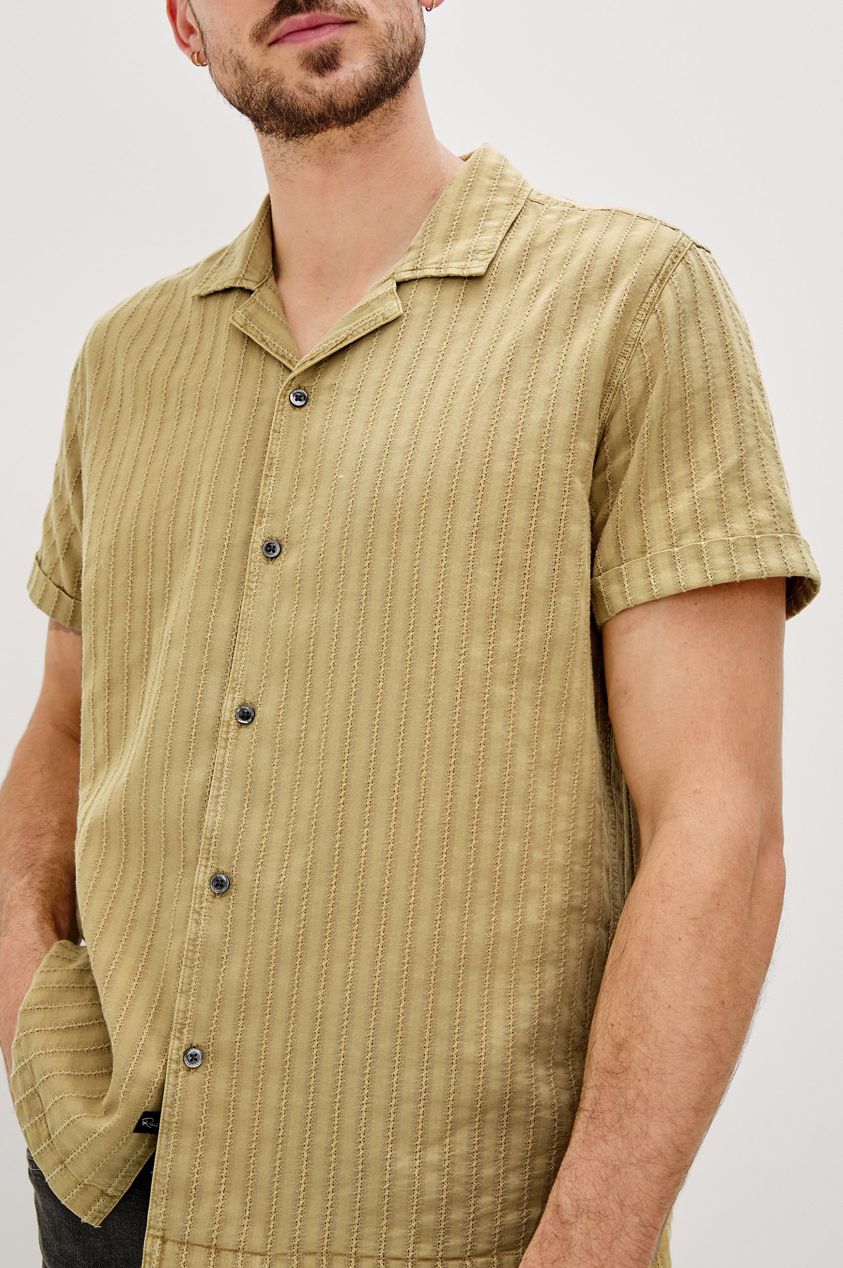 Sinclair Short Sleeve Button Up with Textured Vertical Stripes and a Camp Collar in Jute Colorway - Front Detail View Featured on Model