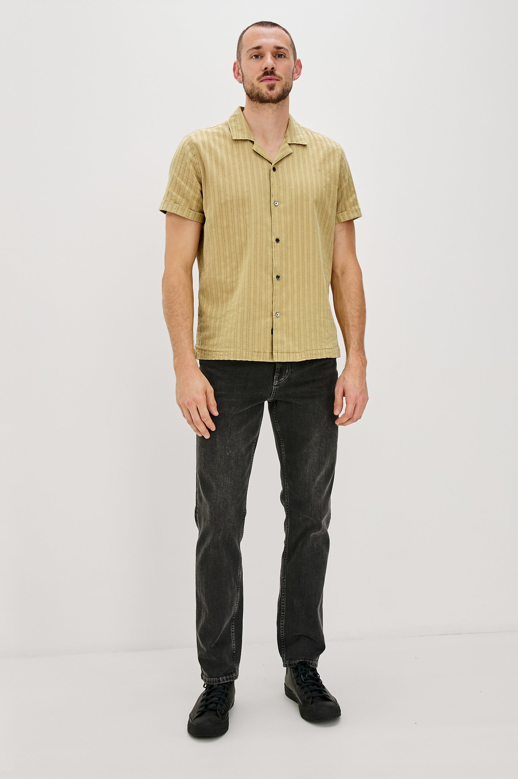 Sinclair Short Sleeve Button Up with Textured Vertical Stripes and a Camp Collar in Jute Colorway - Full Body Front View Featured on Model