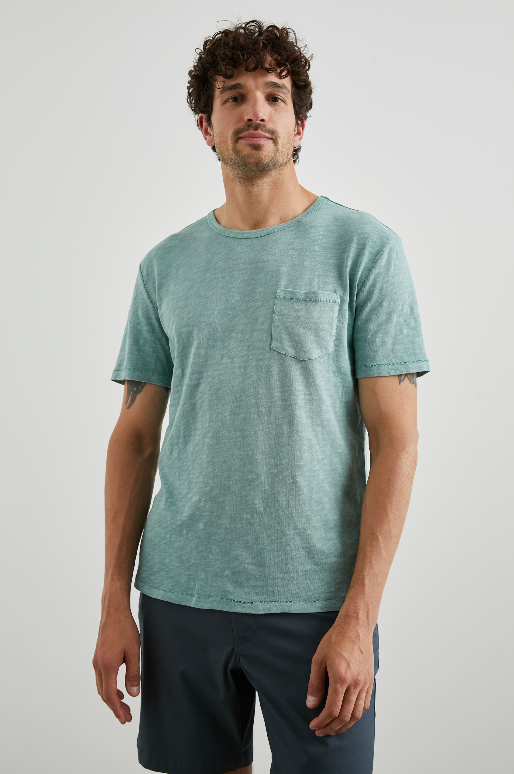 Skipper Short-Sleeve T-shirt with a Crew Neck and a Chest Patch Pocket in Jade Colorway - Front View Featured on Model