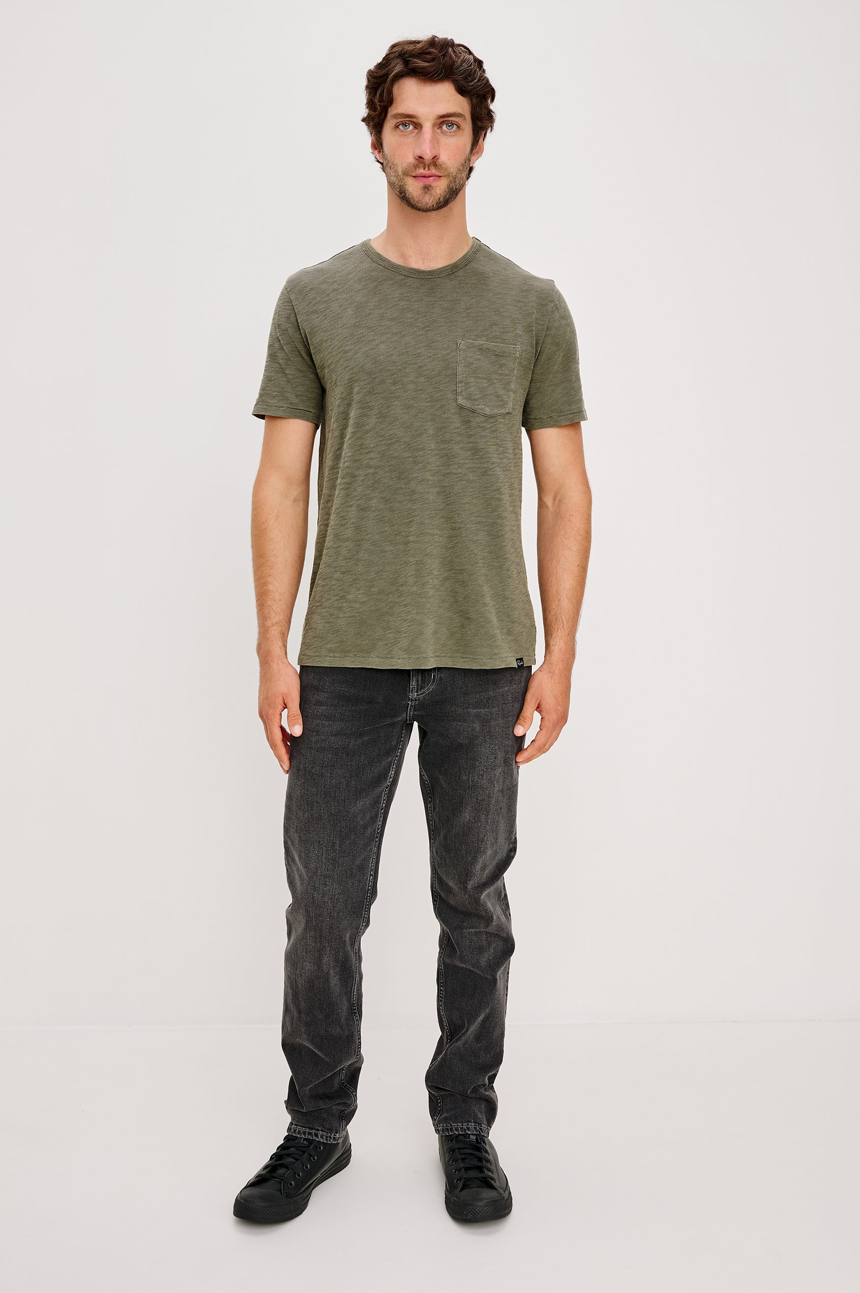 Skipper Short-Sleeve T-shirt with a Crew Neck and a Chest Patch Pocket in Surplus Colorway, a green - Front Full Body View Featured on Model