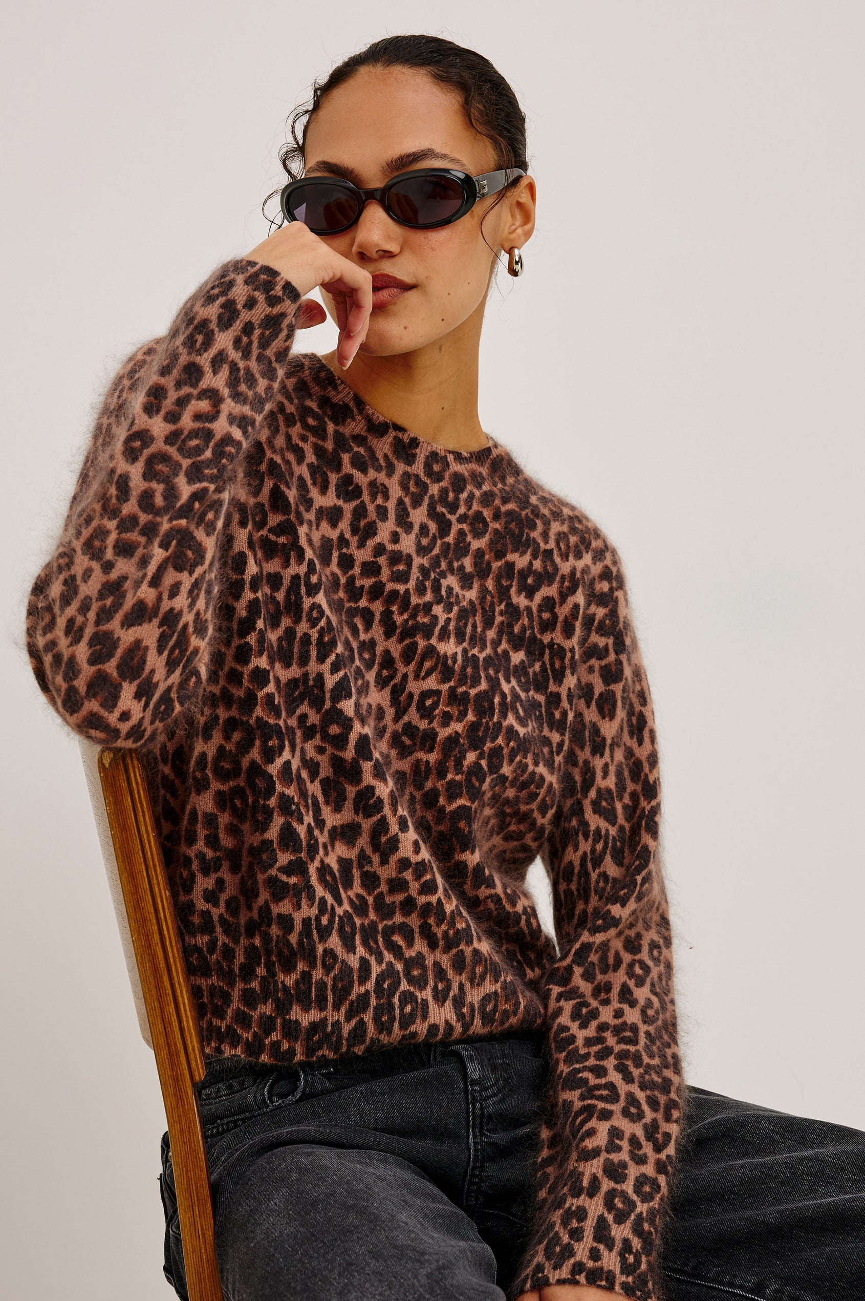 Sofia Sweater in Soft Brushed Wool Blend Knit With Relaxed Fit, Crew Neck, Long Sleeves, and Ribbed Trim in Brown Nala Colorway - Upper Body Front View Featured on Model