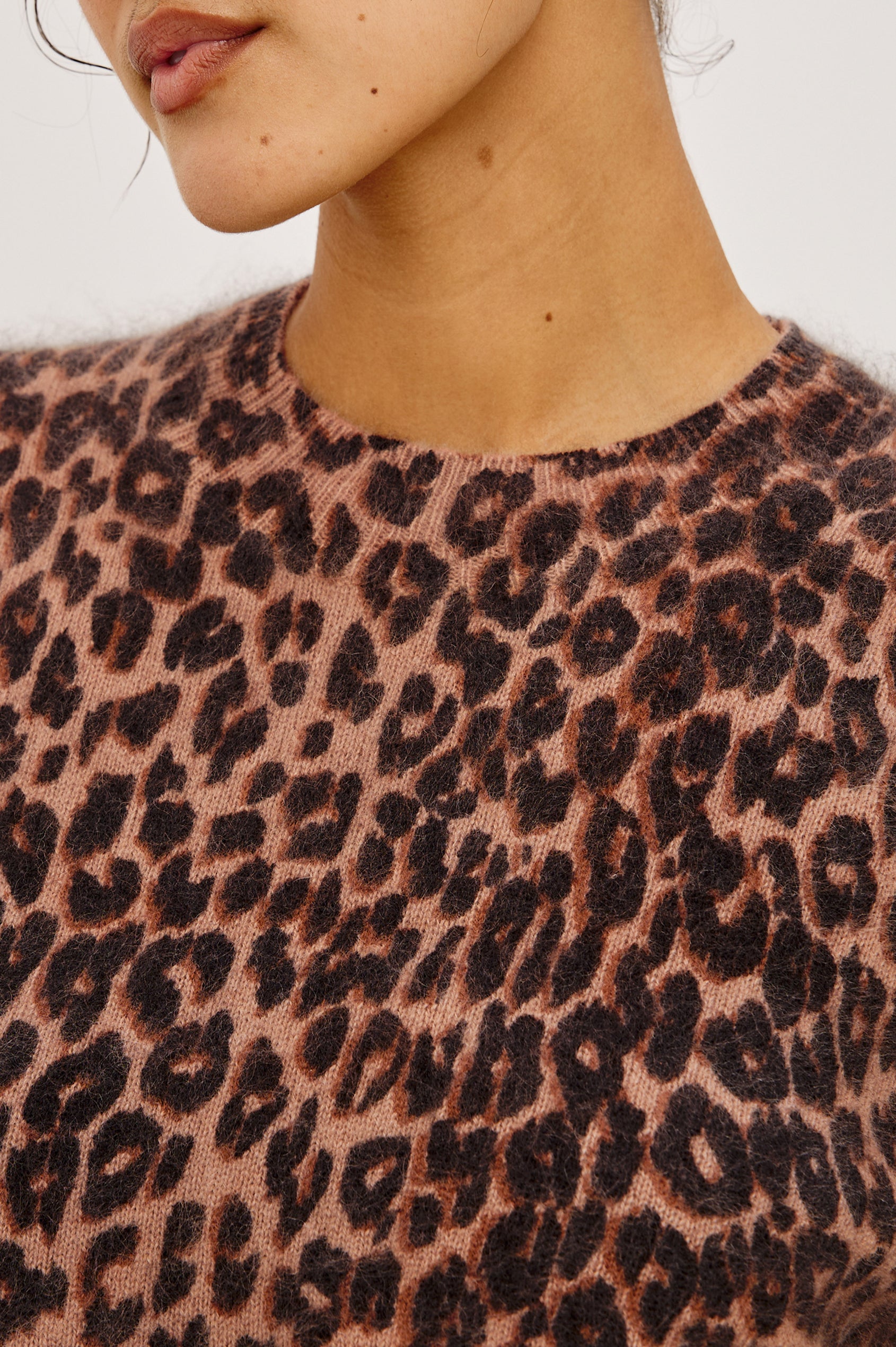 Sofia Sweater in Soft Brushed Wool Blend Knit With Relaxed Fit, Crew Neck, Long Sleeves, and Ribbed Trim in Brown Nala Colorway - Upper Body Front View Featured on Model