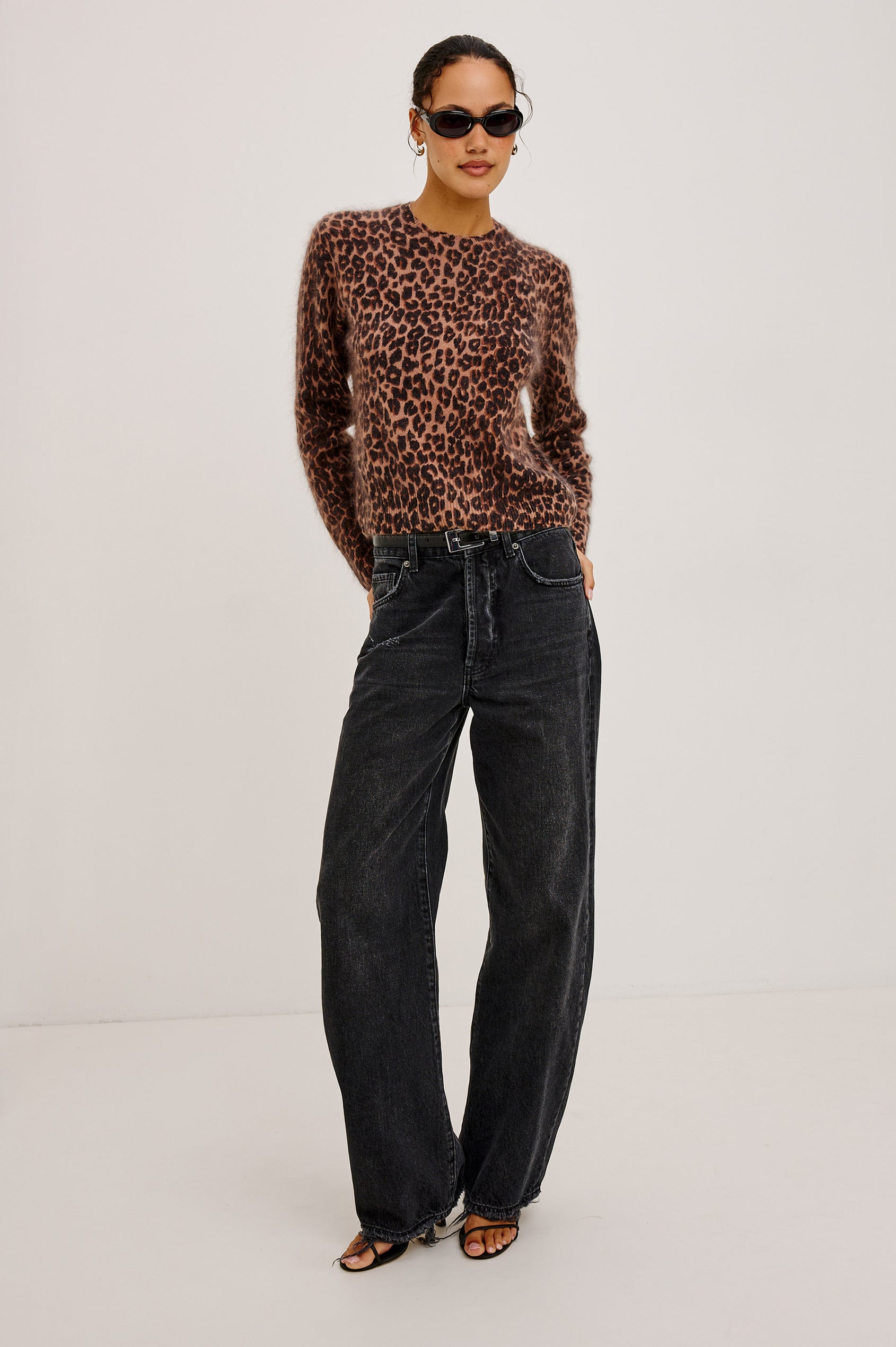 Sofia Sweater in Soft Brushed Wool Blend Knit With Relaxed Fit, Crew Neck, Long Sleeves, and Ribbed Trim in Brown Nala Colorway - Full Body Front View Featured on Model