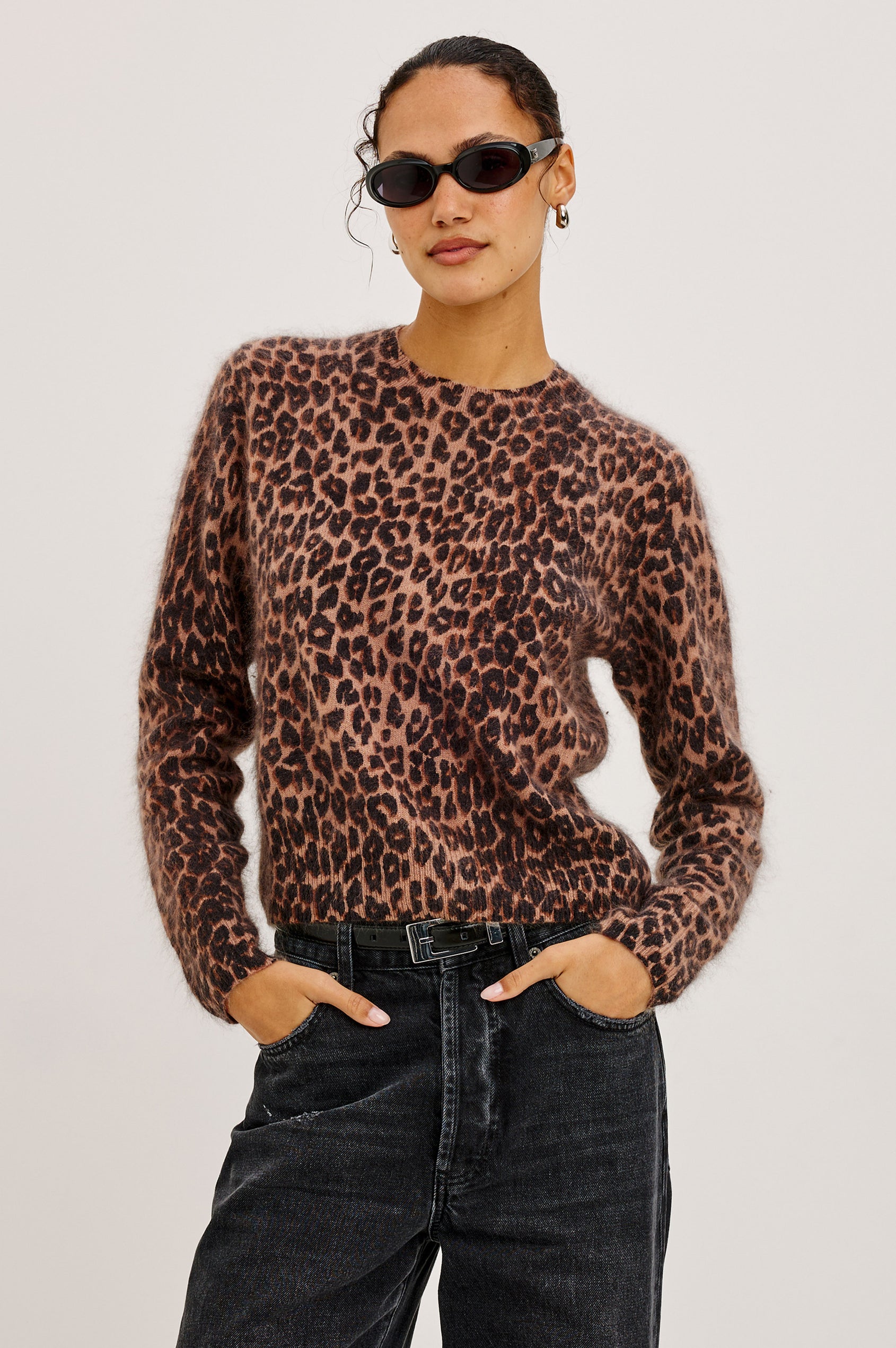 Sofia Sweater in Soft Brushed Wool Blend Knit With Relaxed Fit, Crew Neck, Long Sleeves, and Ribbed Trim in Brown Nala Colorway - Upper Body Front View Featured on Model