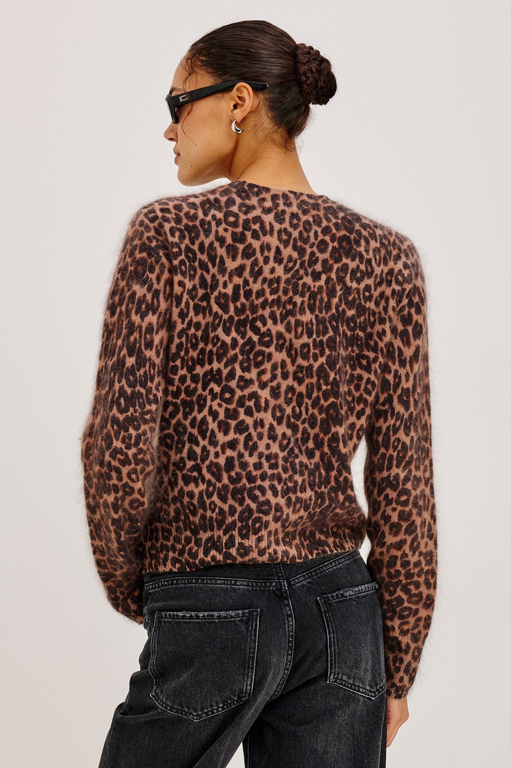 Sofia Sweater in Soft Brushed Wool Blend Knit With Relaxed Fit, Crew Neck, Long Sleeves, and Ribbed Trim in Brown Nala Colorway - Upper Body Back View Featured on Model