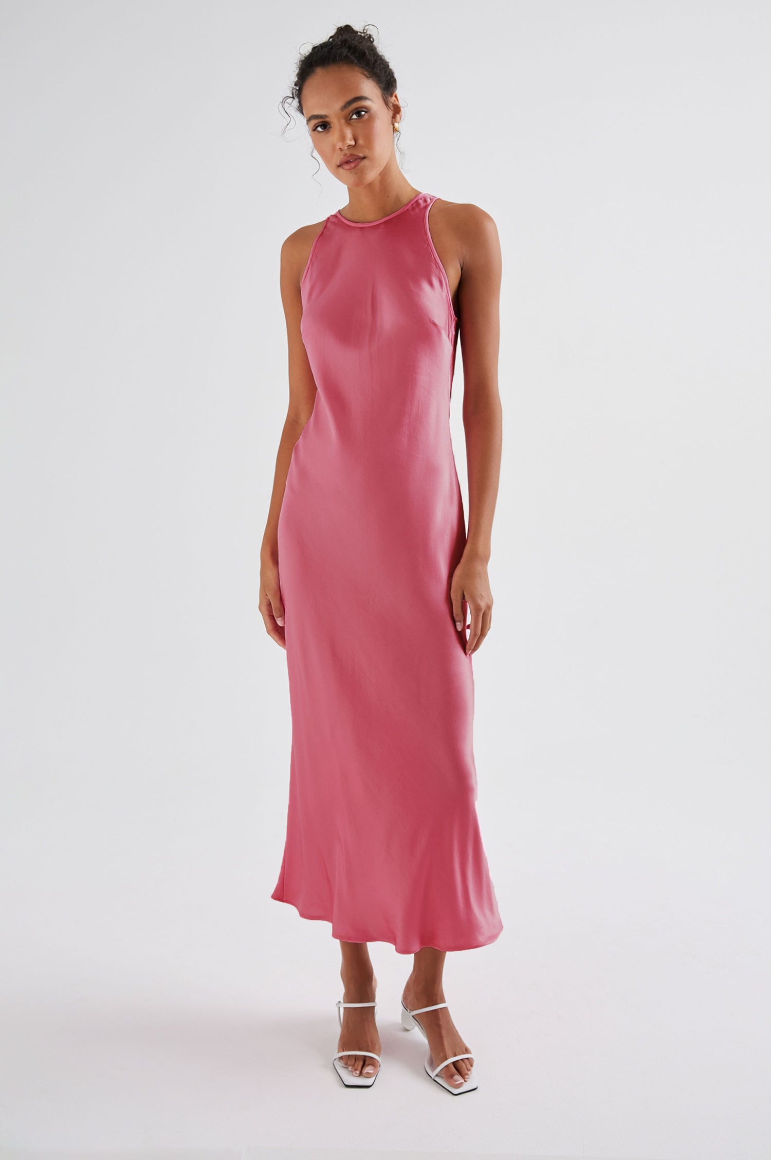 Solene Sleeveless Midi Dress with a Crew Neck and a Tie Keyhole at the Back in Dark Rose Colorway - Front Full Body View Featured on Model