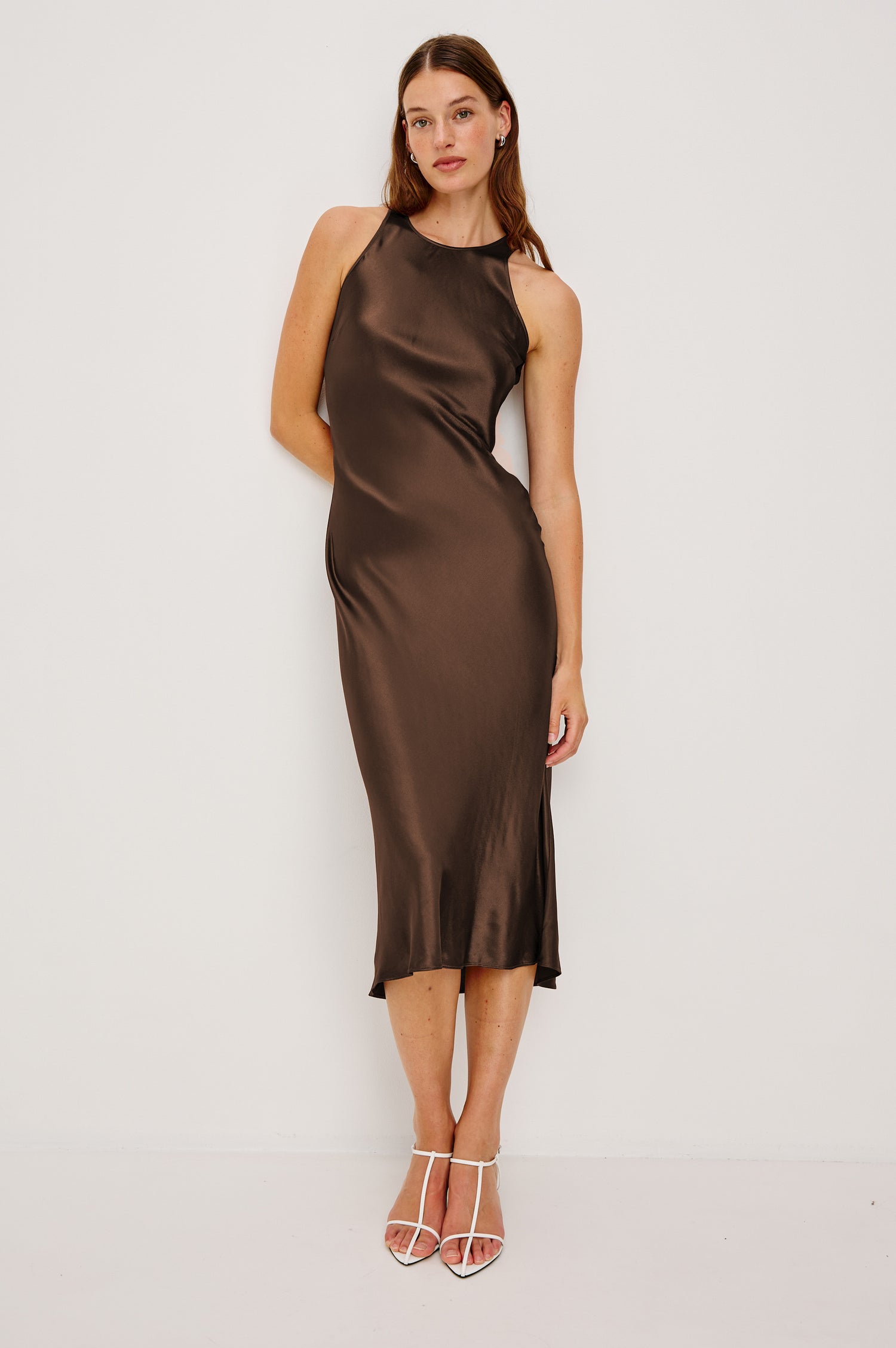 Solene Sleeveless Midi Dress with a Crew Neck and a Tie Keyhole at the Back in Espresso Colorway - Front Full Body View Featured on Model