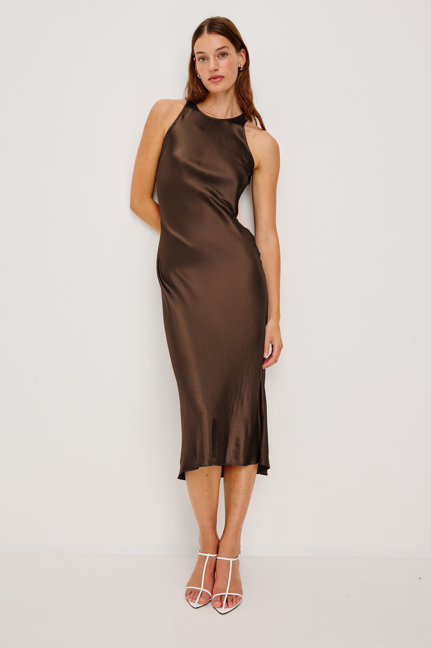 Solene Sleeveless Midi Dress with a Crew Neck and a Tie Keyhole at the Back in Espresso Colorway - Front Full Body View Featured on Model